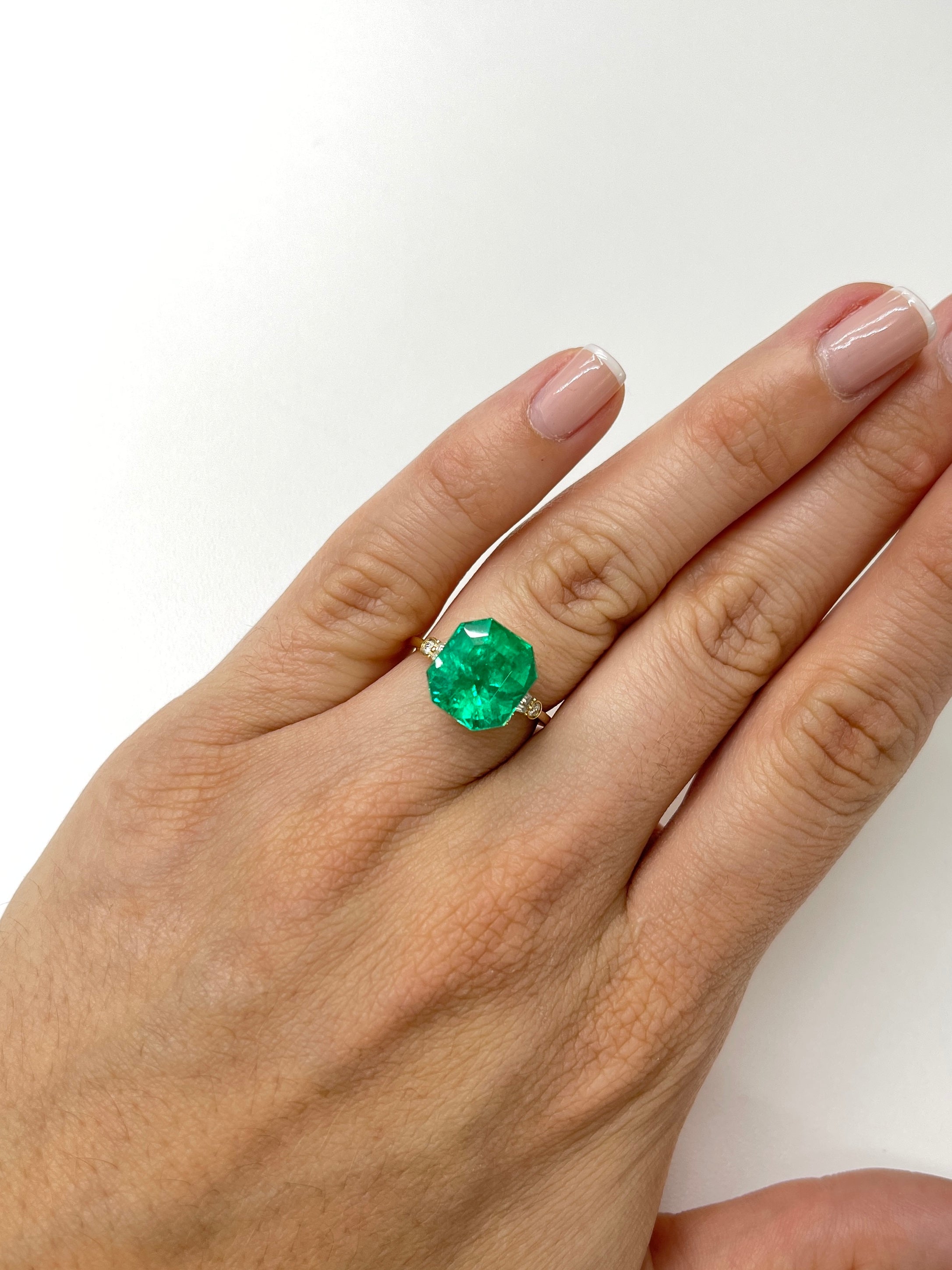 7.37 carat Muzo intense green natural Colombian emerald loose Asscher cut gemstone by JR Colombian Emeralds.