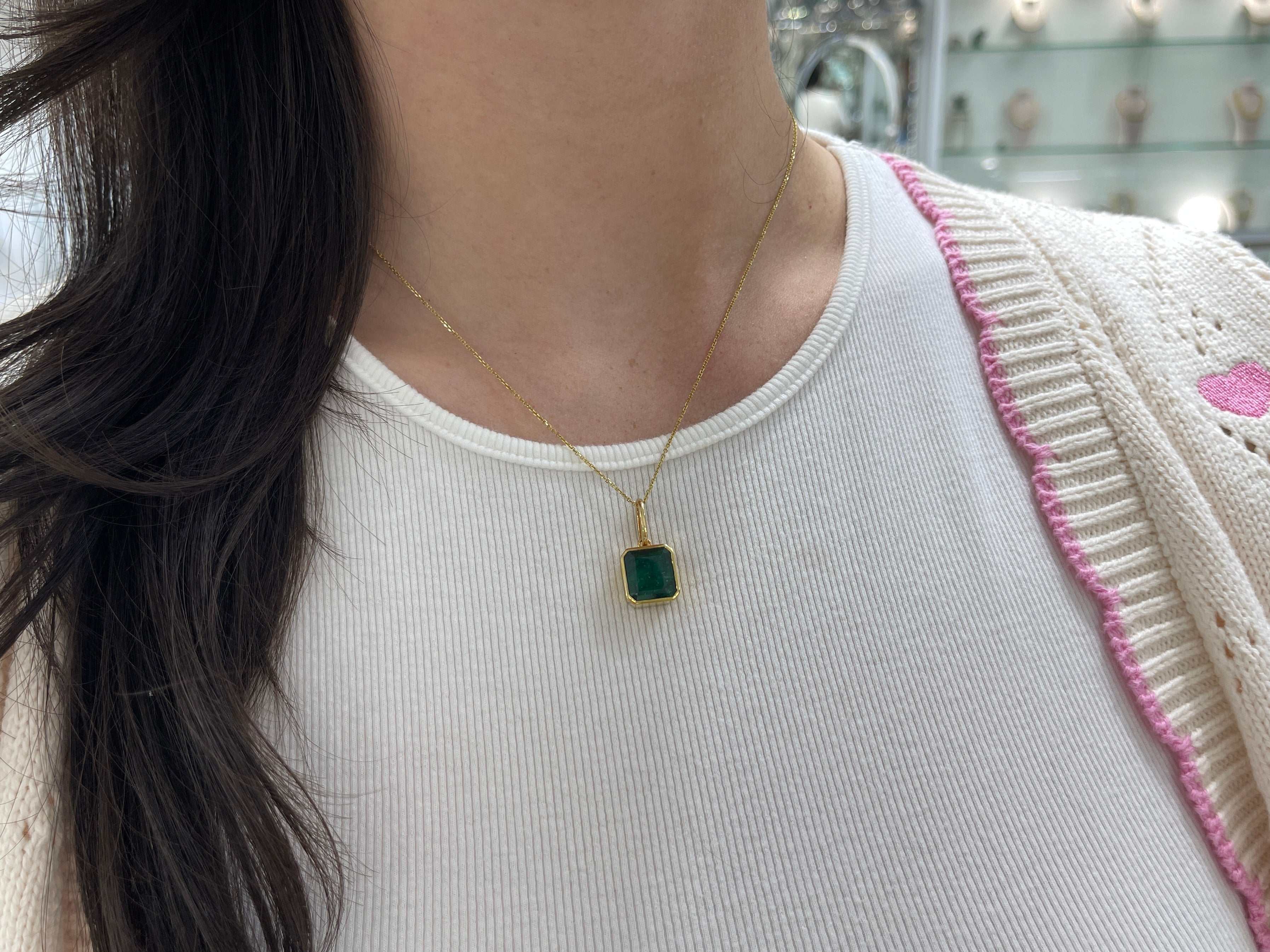 Dark green Zambian emerald necklace with 7.79 carats, bezel set in 14K gold by JR Colombian Emeralds.