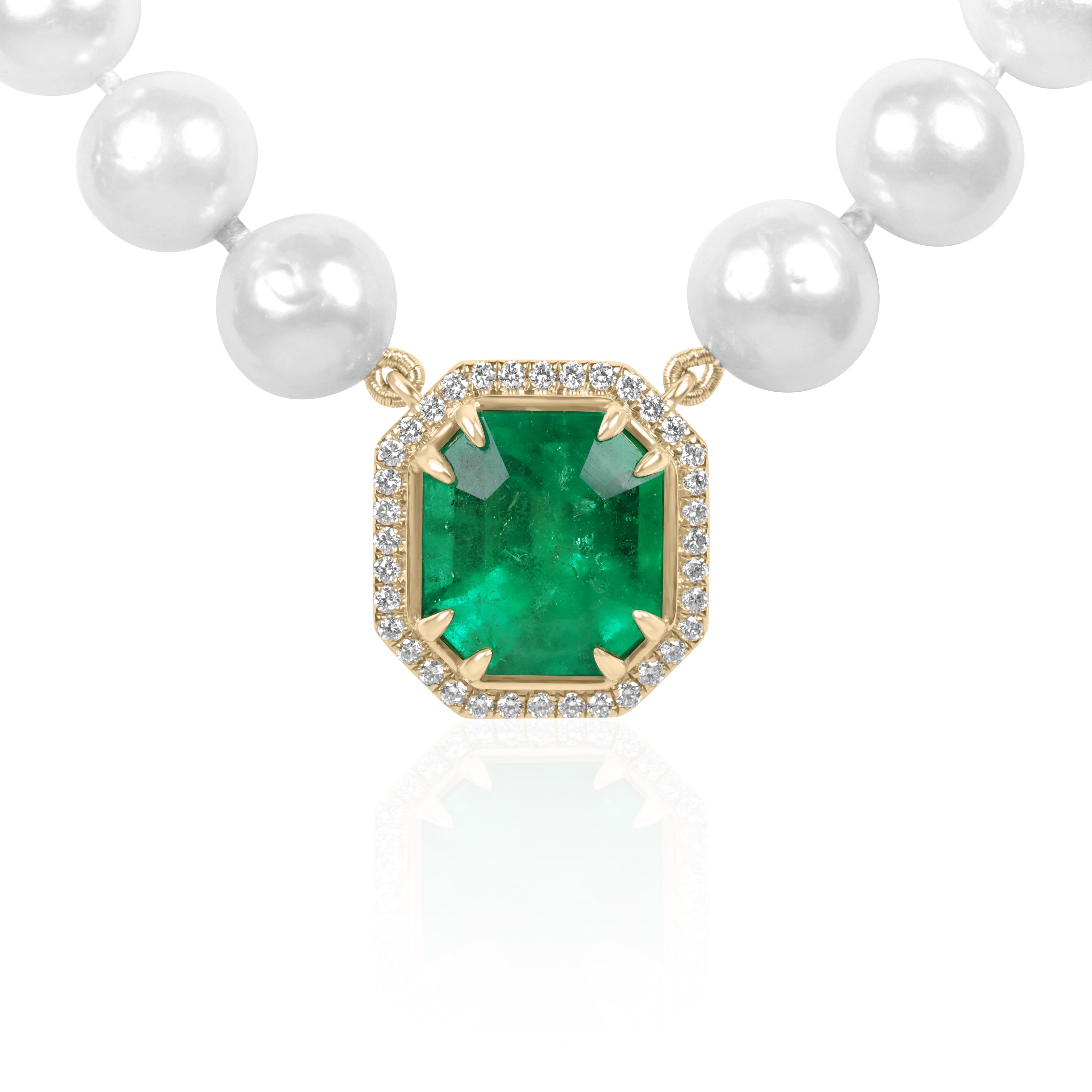 7.82 Carat Colombian Emerald & Diamond Halo Akoya Pearl 18K Necklace