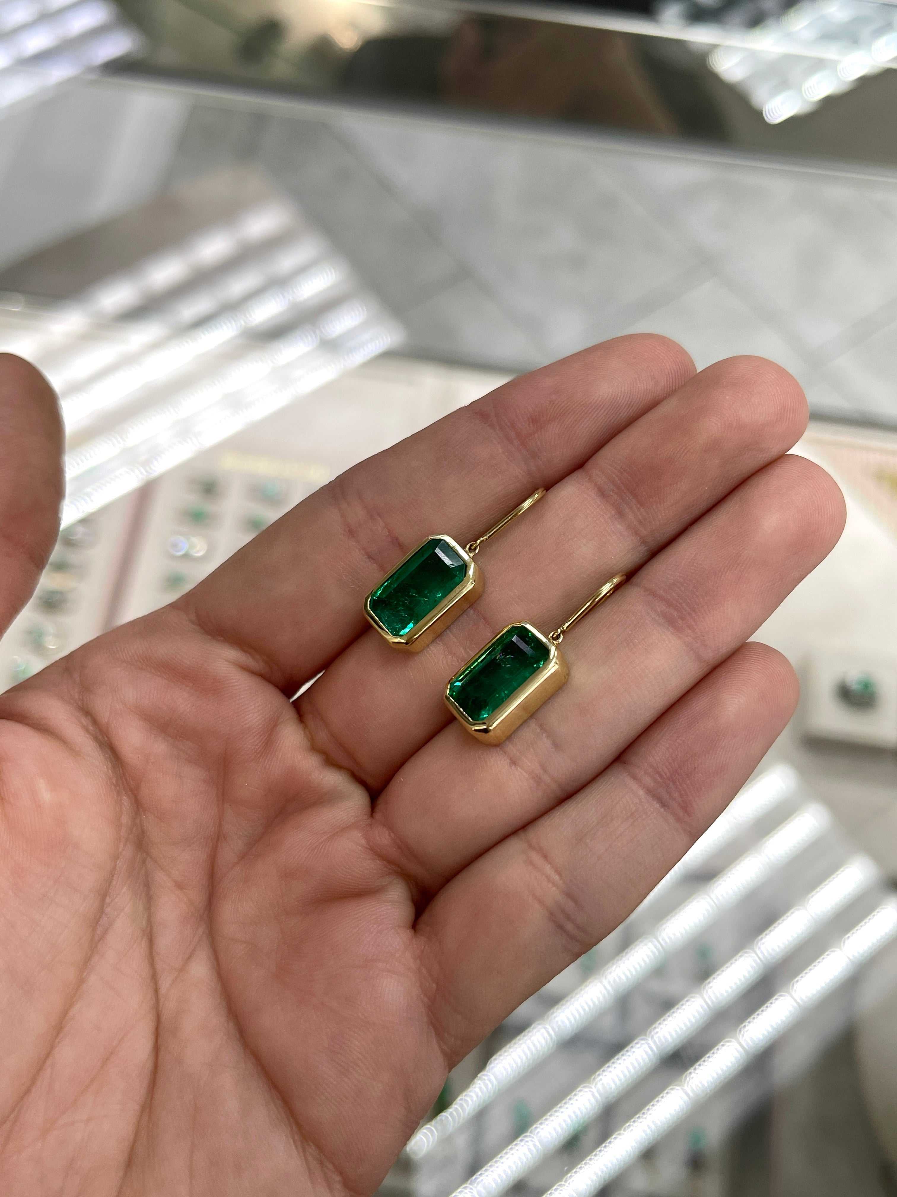 7.90tcw Deep Green Natural Emerald Bezel Set Drop & Dangle Hook Earrings 18K - JR Colombian Emeralds