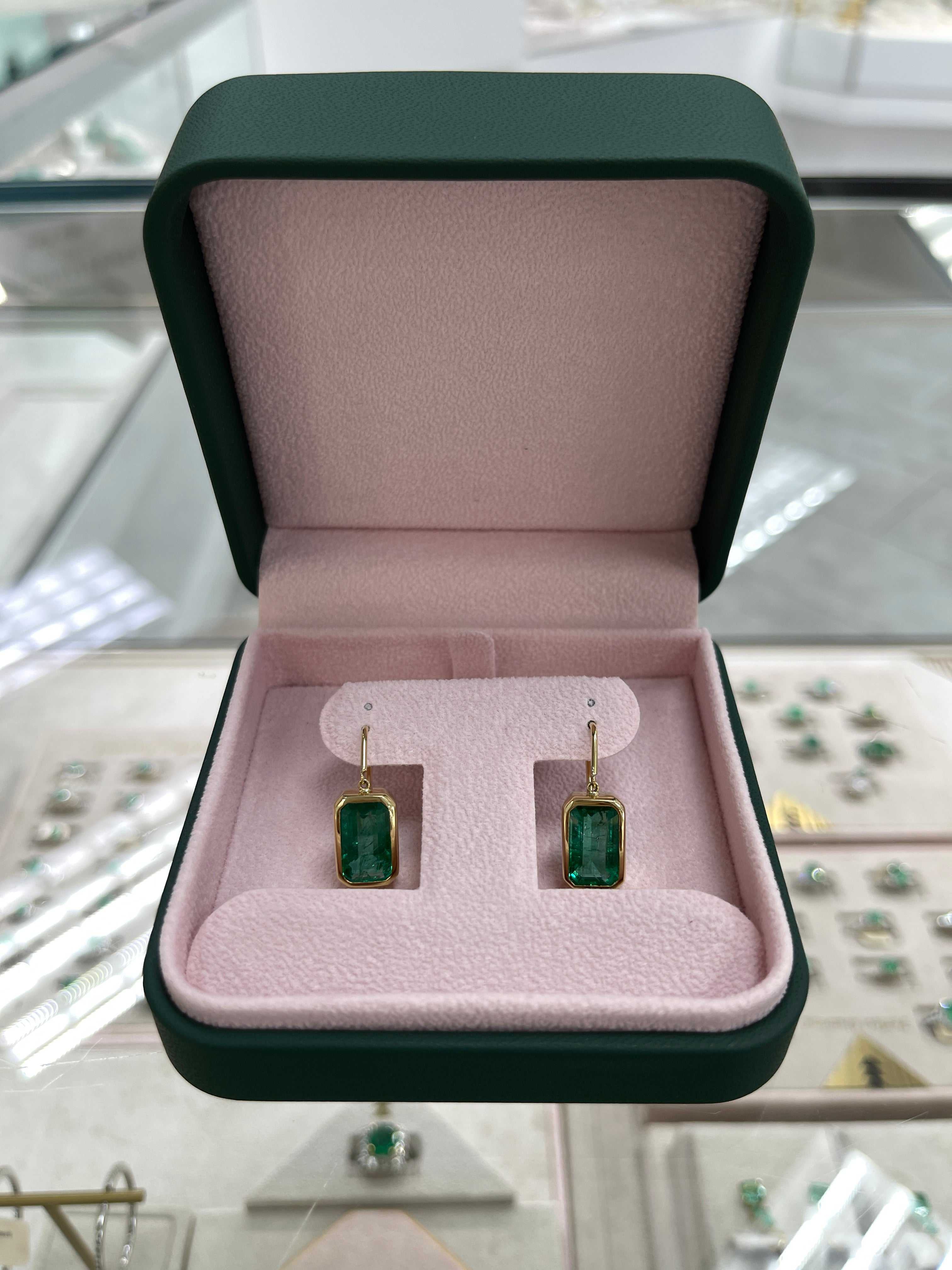 7.90tcw Deep Green Natural Emerald Bezel Set Drop & Dangle Hook Earrings 18K - JR Colombian Emeralds