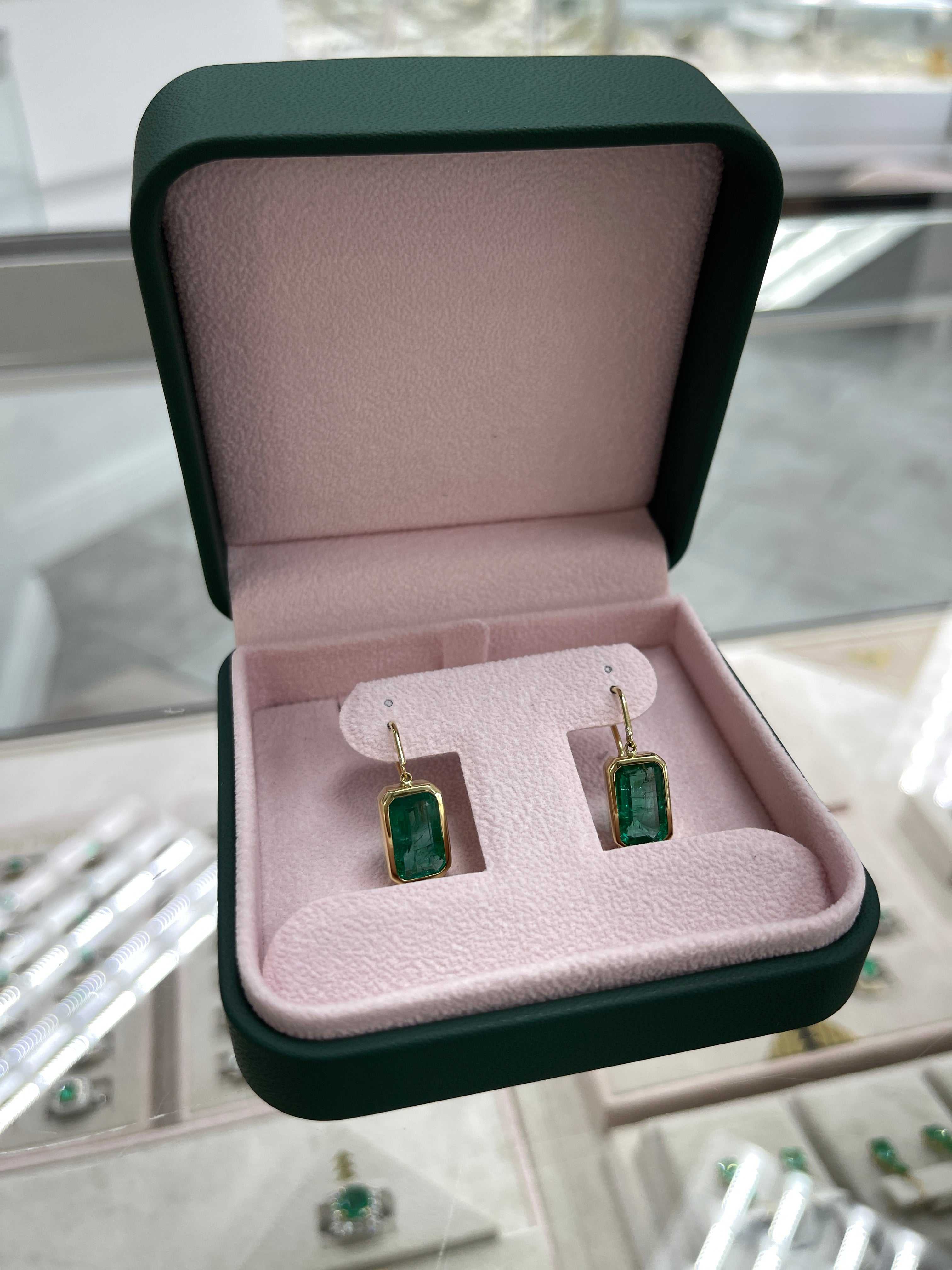 7.90tcw Deep Green Natural Emerald Bezel Set Drop & Dangle Hook Earrings 18K - JR Colombian Emeralds