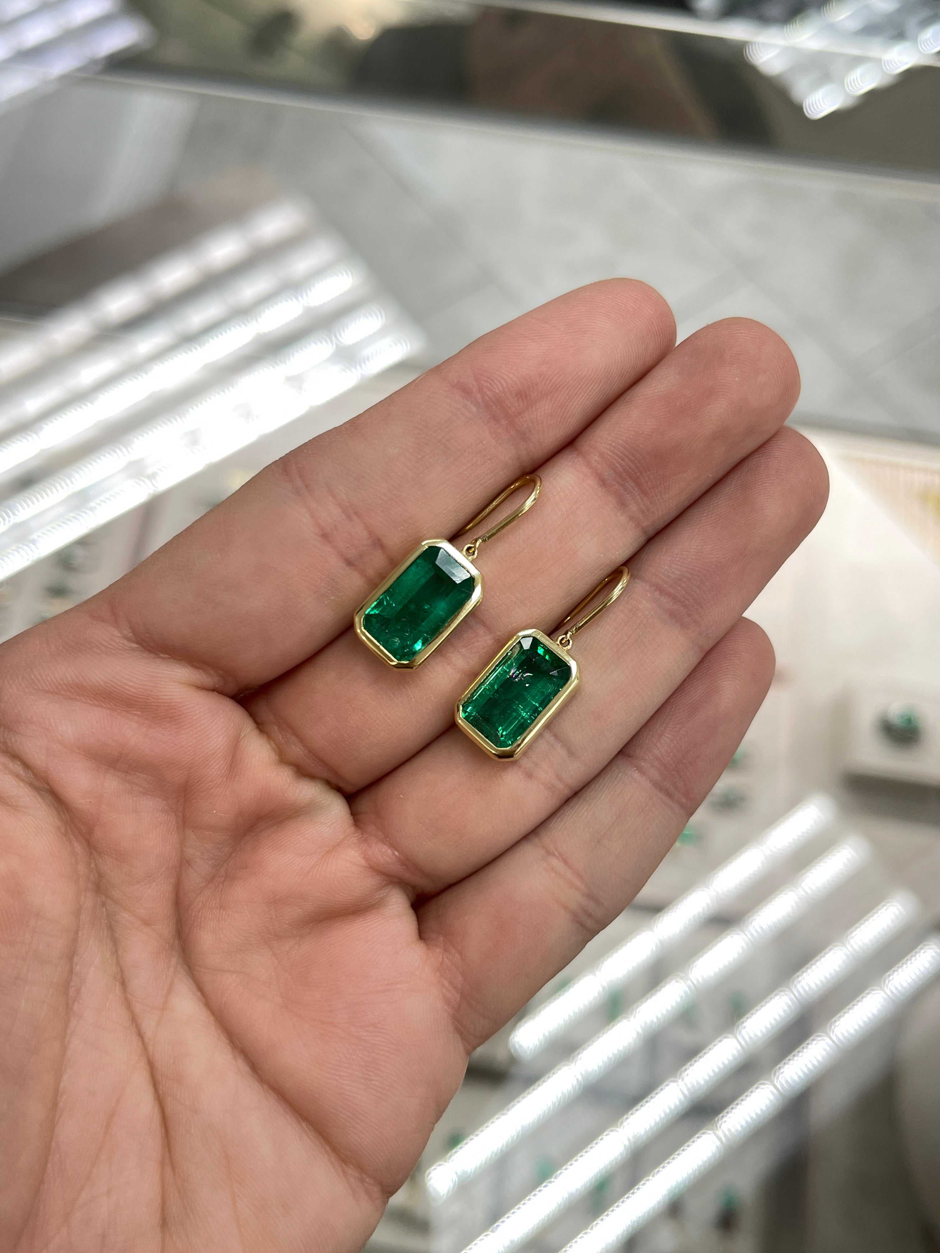 7.90tcw Deep Green Natural Emerald Bezel Set Drop & Dangle Hook Earrings 18K - JR Colombian Emeralds