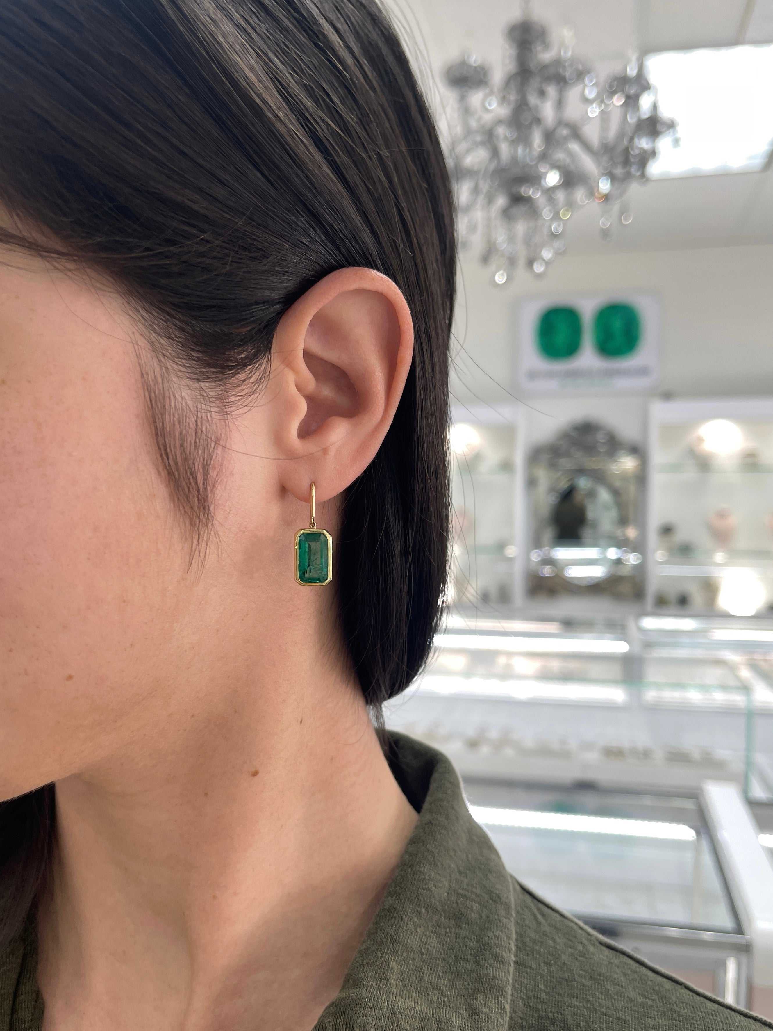 7.90tcw Deep Green Natural Emerald Bezel Set Drop & Dangle Hook Earrings 18K - JR Colombian Emeralds