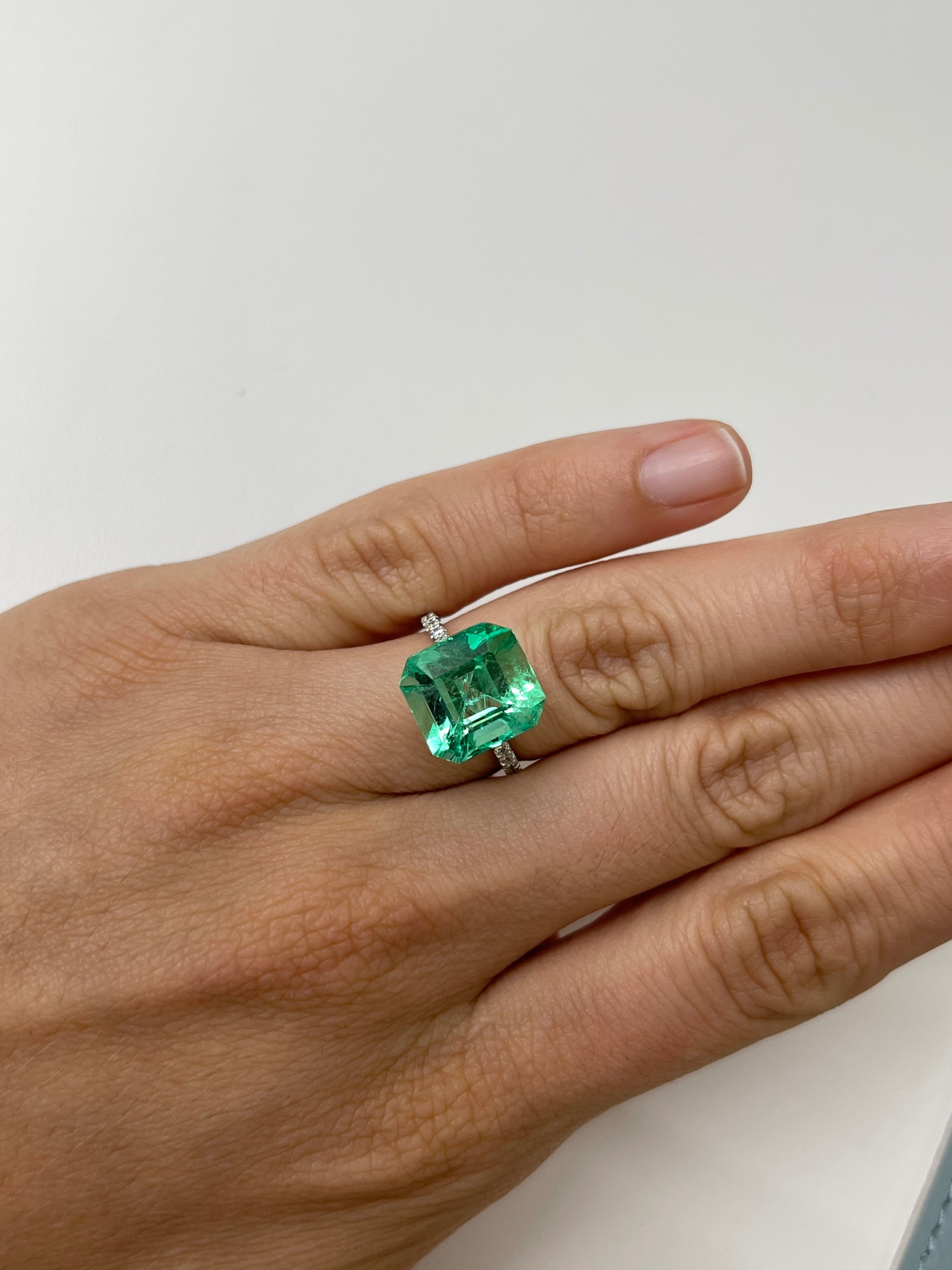 Lusterous green natural Colombian emerald loose gemstone, 8.01 carats, Asscher cut, 12.5x11.5mm, from JR Colombian Emeralds