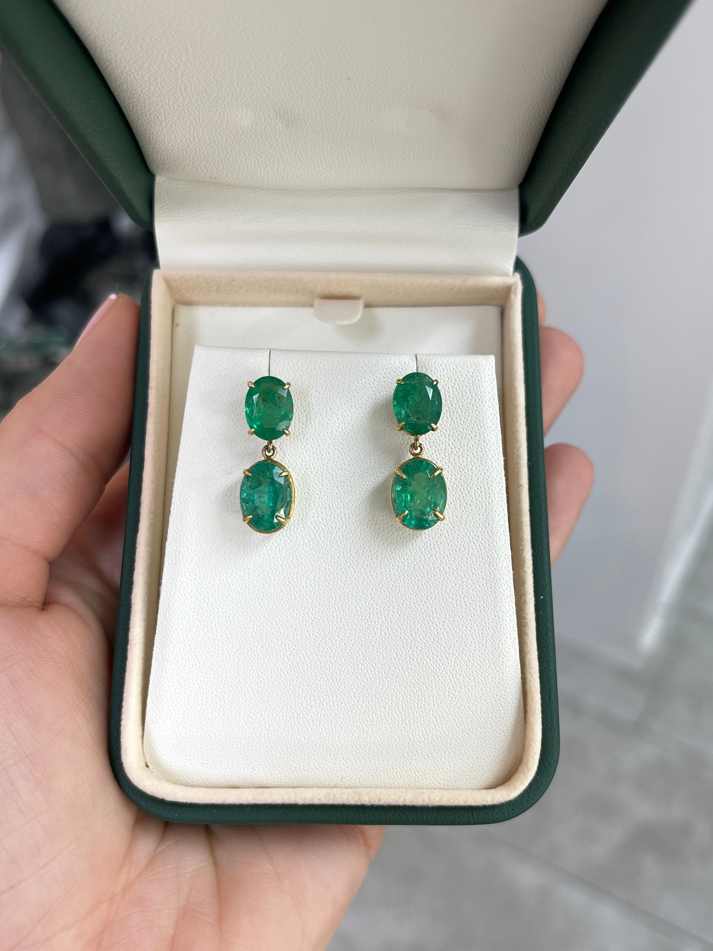 Oval Emerald Dangle Earrings 8.18 TCW Medium Deep Bluish Green Zambian Emeralds 18K - JR Colombian Emeralds