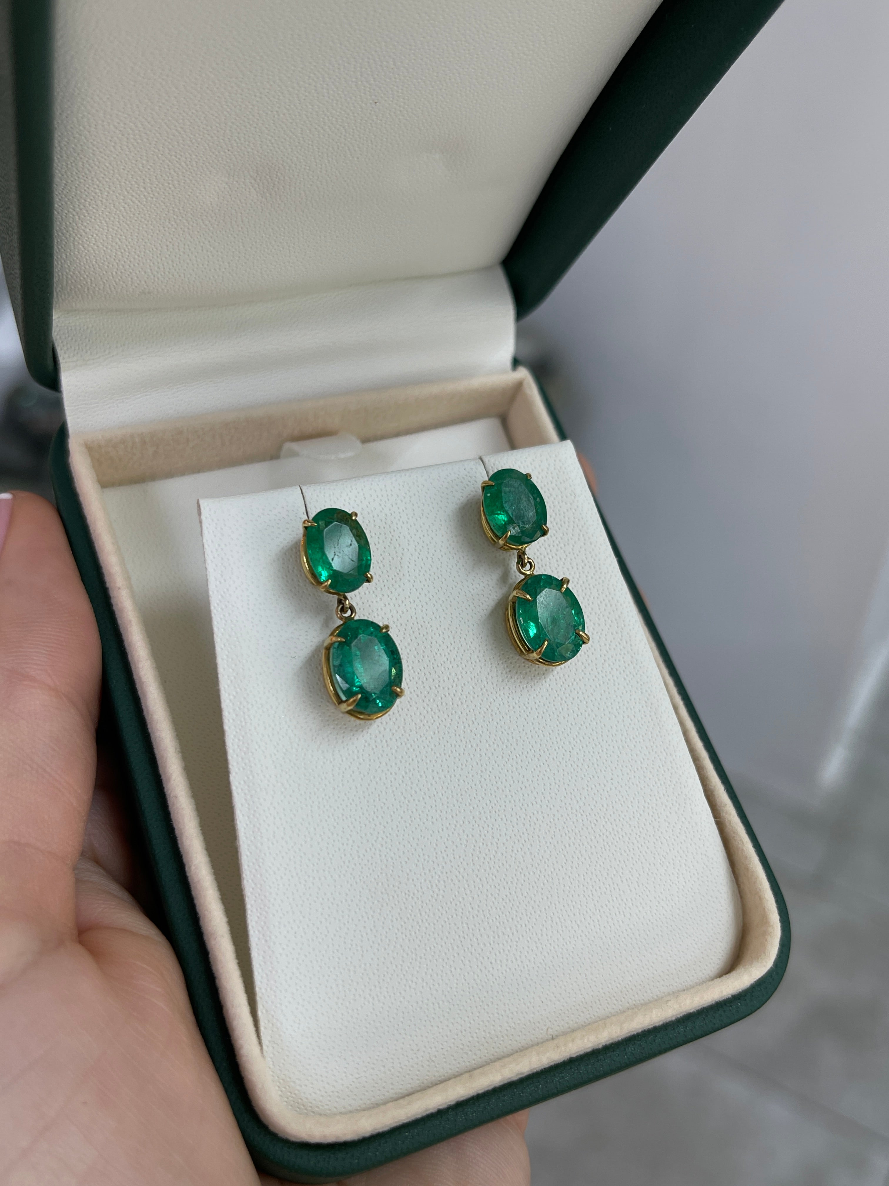 Oval Emerald Dangle Earrings 8.18 TCW Medium Deep Bluish Green Zambian Emeralds 18K - JR Colombian Emeralds