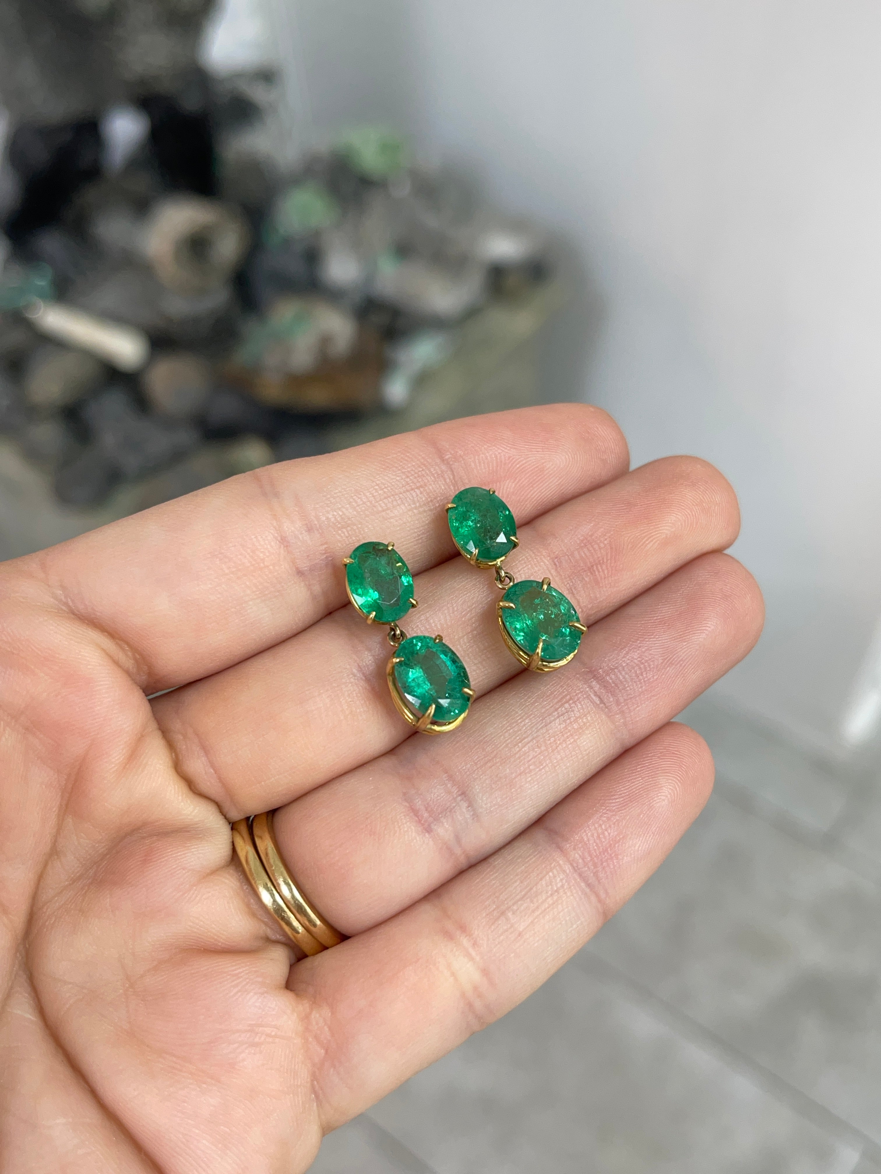 Oval Emerald Dangle Earrings 8.18 TCW Medium Deep Bluish Green Zambian Emeralds 18K - JR Colombian Emeralds