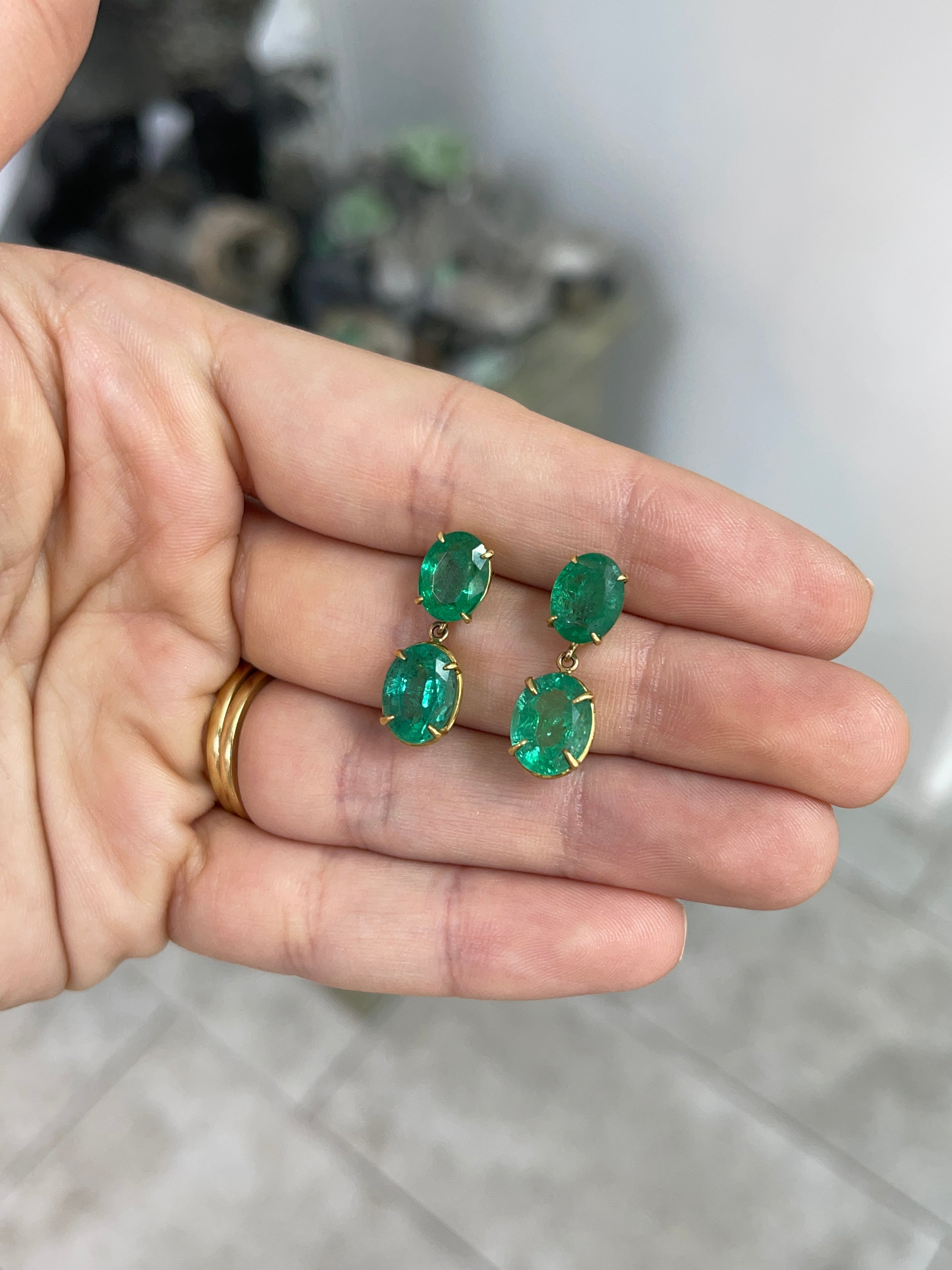 Oval Emerald Dangle Earrings 8.18 TCW Medium Deep Bluish Green Zambian Emeralds 18K - JR Colombian Emeralds