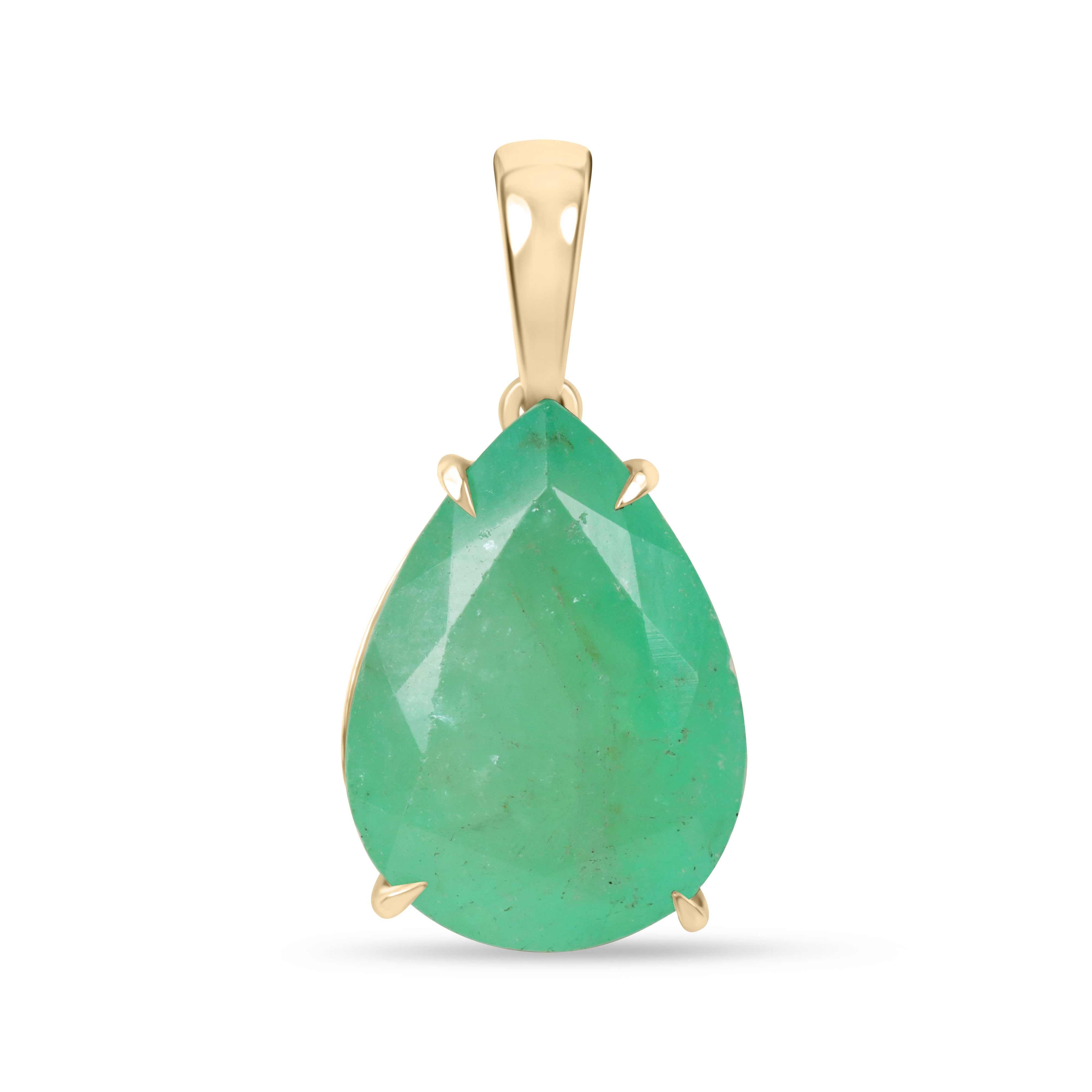 8.20 carat earthy Colombian emerald teardrop pendant in 14K yellow gold prong setting