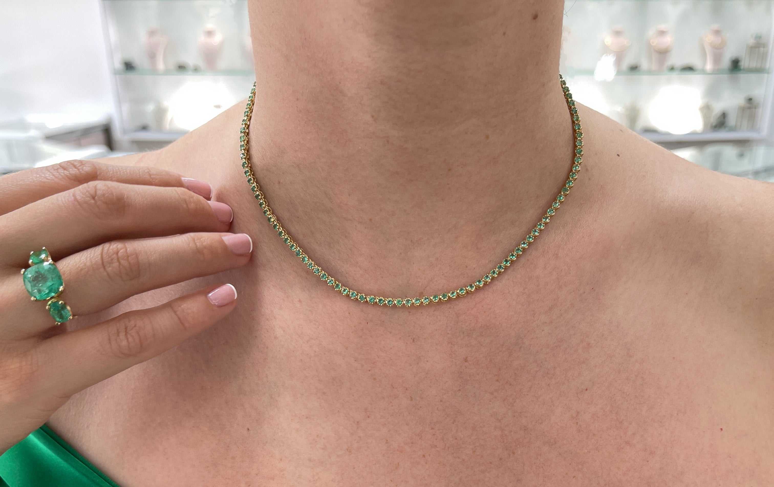Green emerald round prong tennis necklace by JR Colombian Emeralds, 8.20tcw, 14K gold, 17-inch length, elegant jewelry.