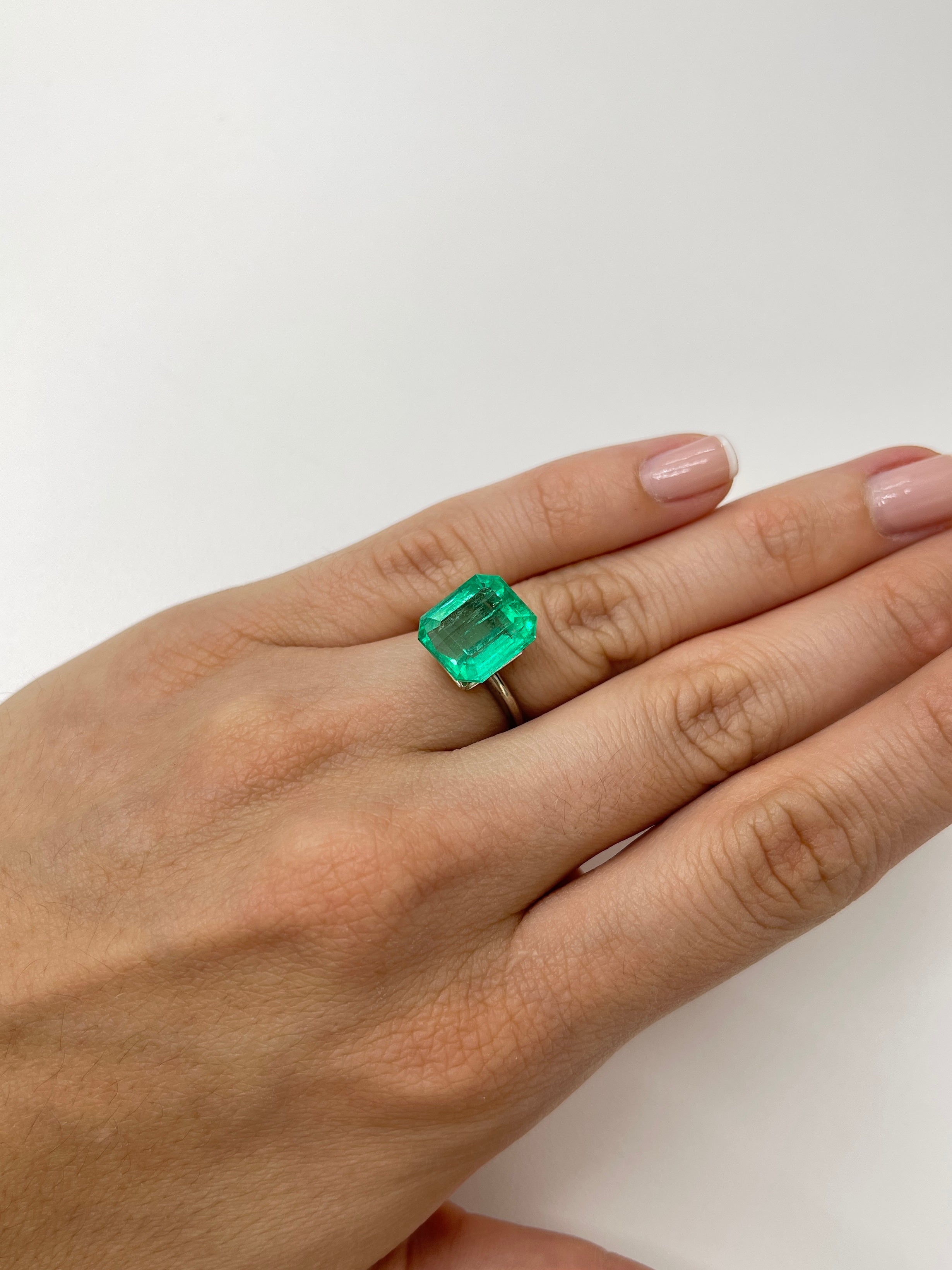 8.33 carat crystal-clear Colombian emerald cut loose gemstone, 13x11.5 mm, from JR Colombian Emeralds.