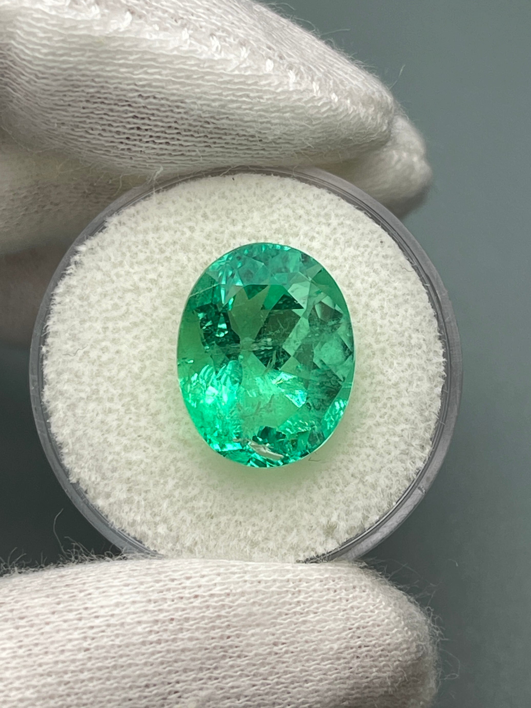 8.40 Carat 15x12 Muzo Yellowish Green Natural Loose Colombian Emerald-Oval Cut - JR Colombian Emeralds