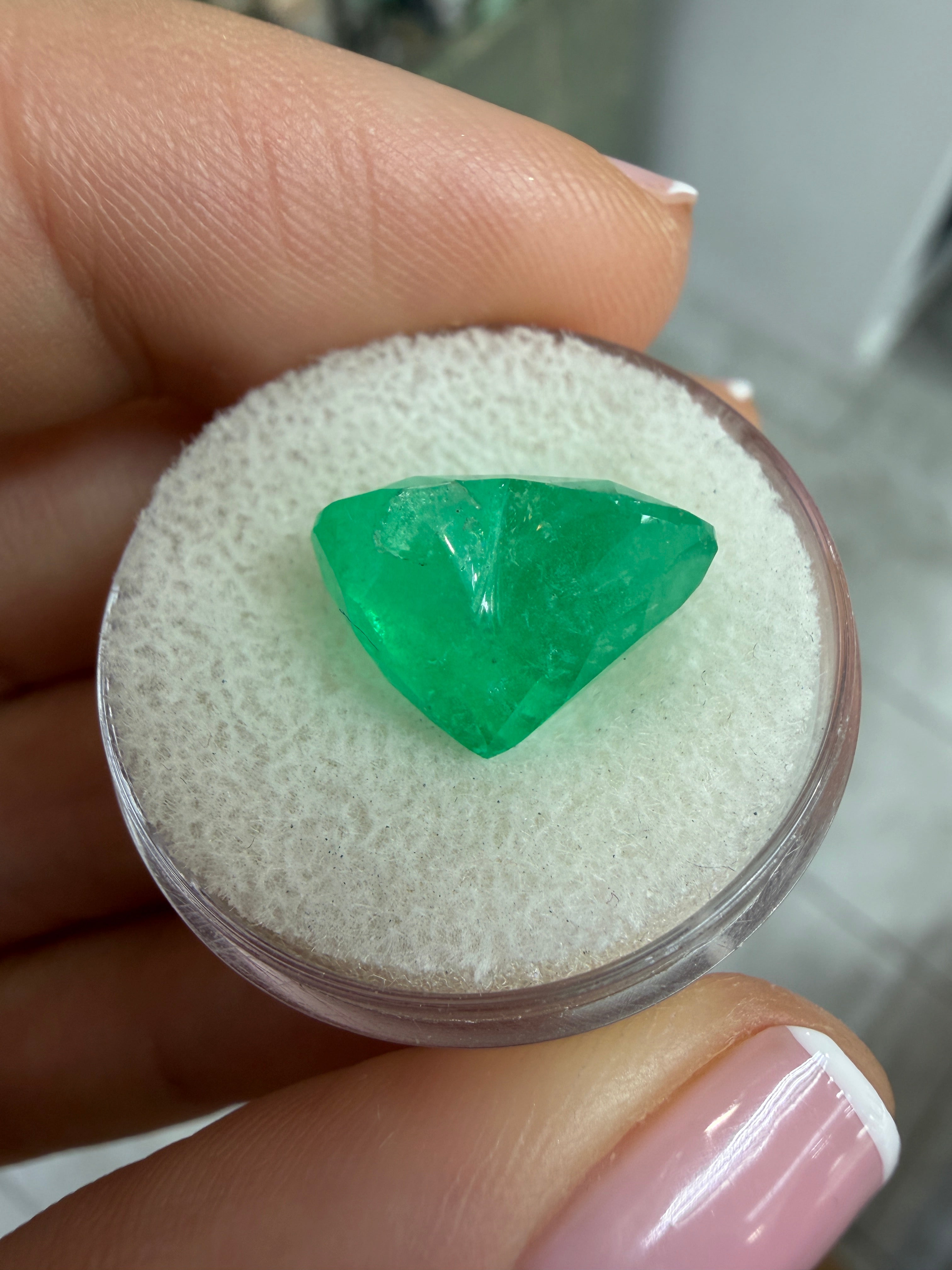 Large 8.47 carat natural Colombian emerald, 12x14mm heart cut, medium green, loose gemstone from JR Colombian Emeralds.
