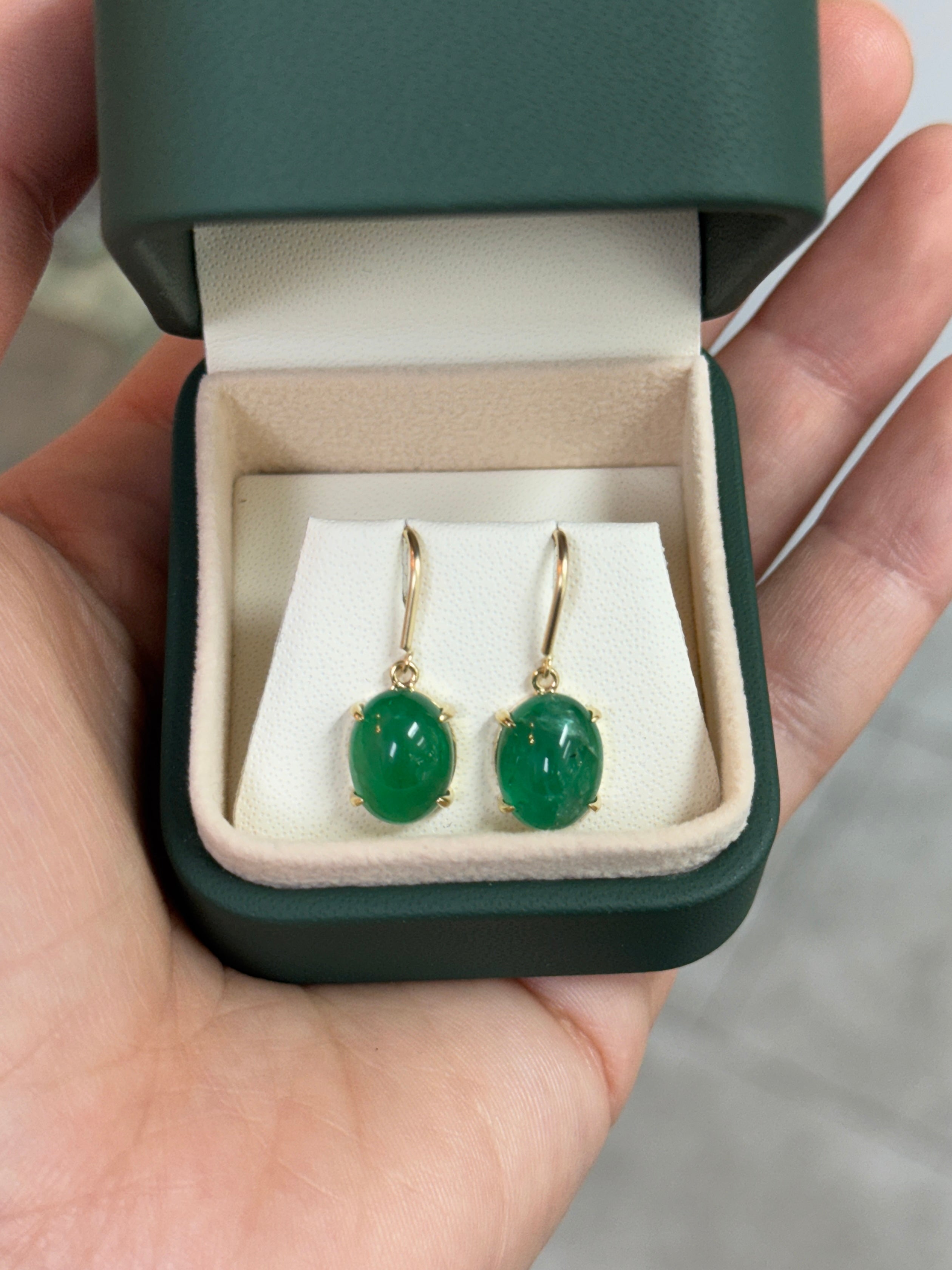 8.55tcw Oval Cabochon Emerald French Hook Earrings 14K