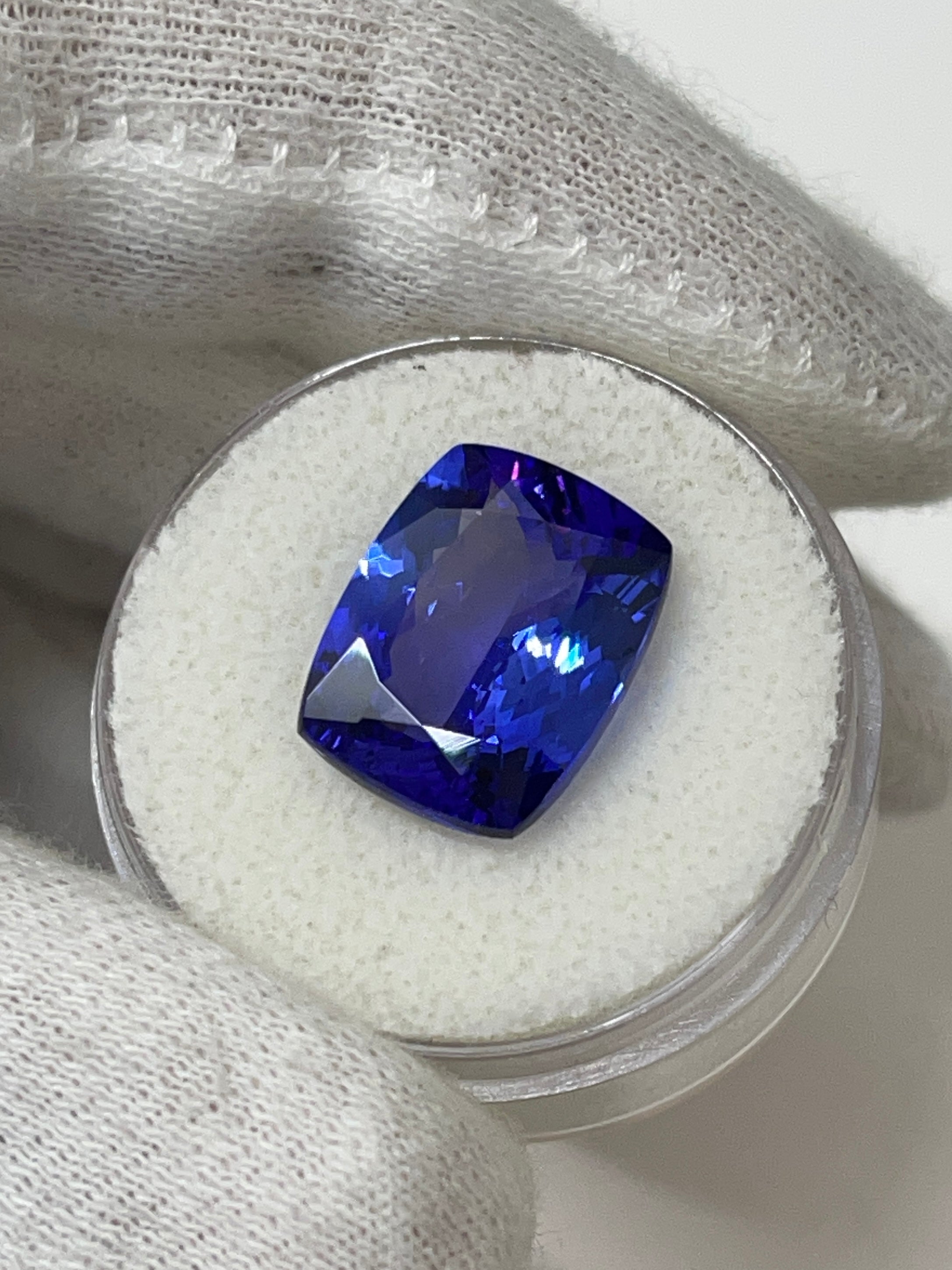 8.56 Carat GIA Natural Violetish Blue Tanzanite 14x11 Loose Cushion Cut - JR Colombian Emeralds
