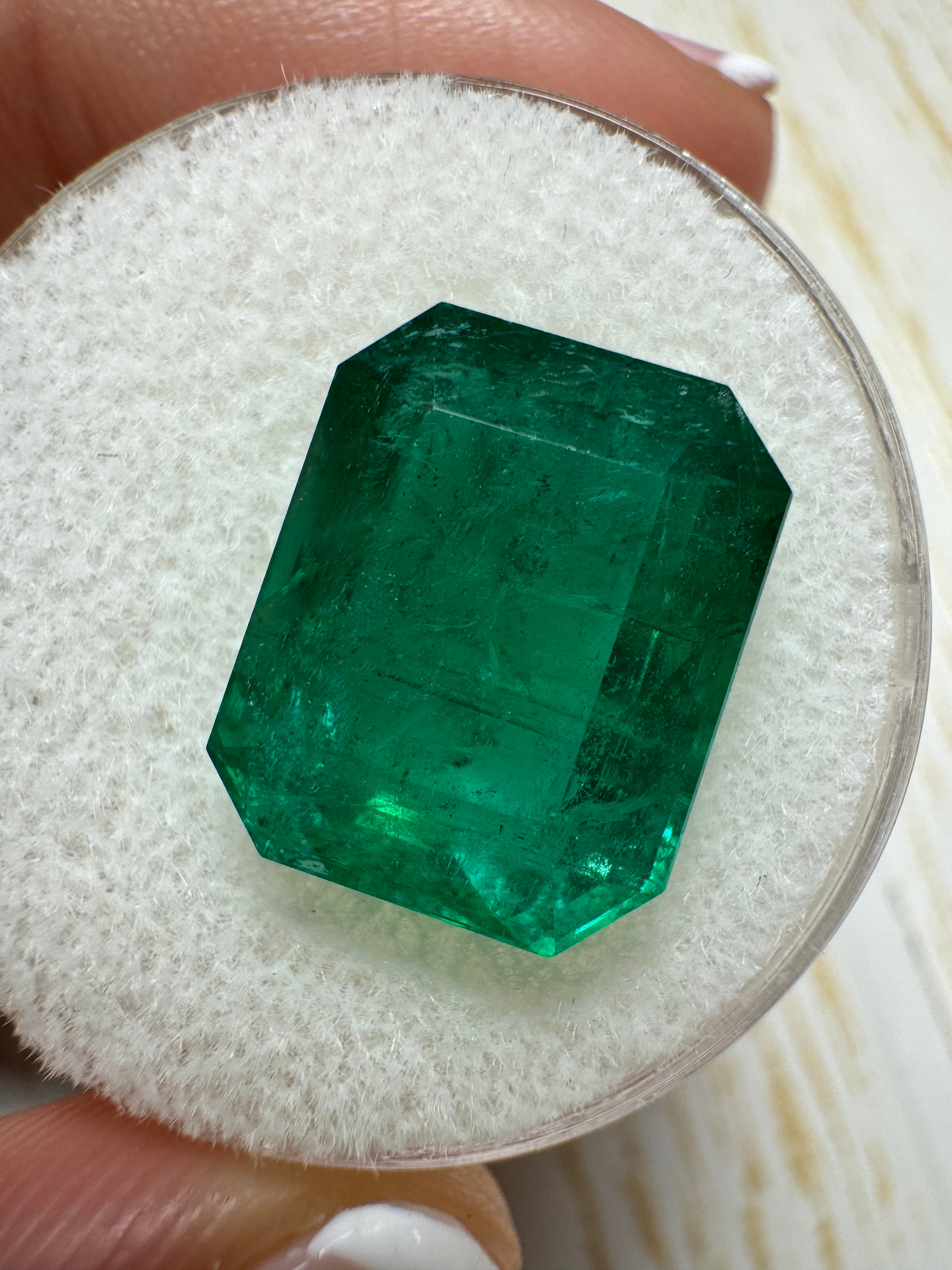 Deep green 8.60 carat Zambian emerald cut loose emerald from JR Colombian Emeralds, showcasing a vibrant, faceted gemstone.