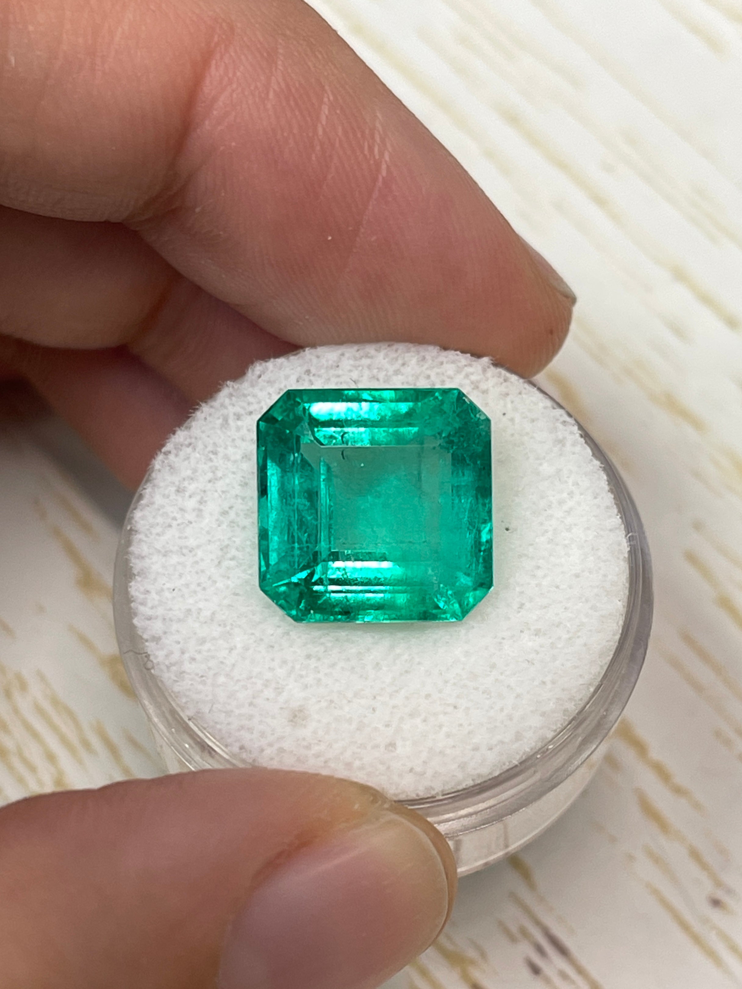 8.81 carat natural Colombian emerald, 12.5x12.5mm Asscher cut, glowing green loose gemstone from JR Colombian Emeralds.