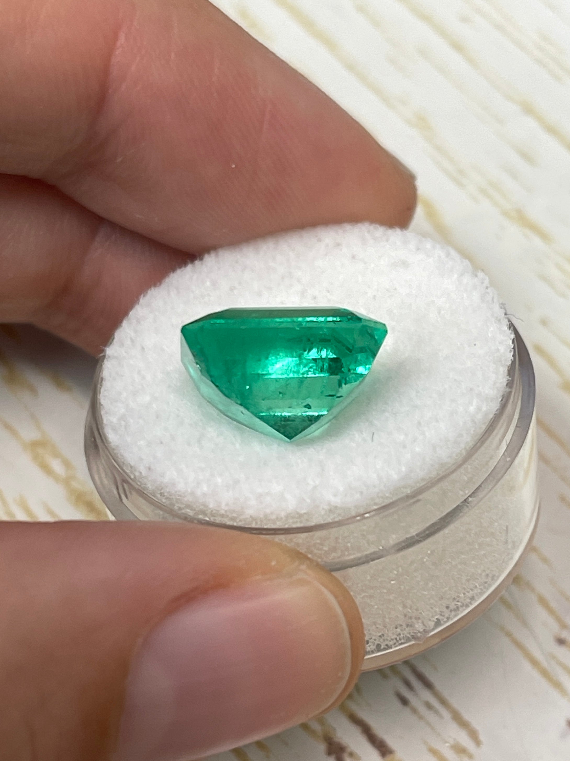8.81 carat glowing green natural Colombian emerald loose gemstone, Asscher cut, from JR Colombian Emeralds.