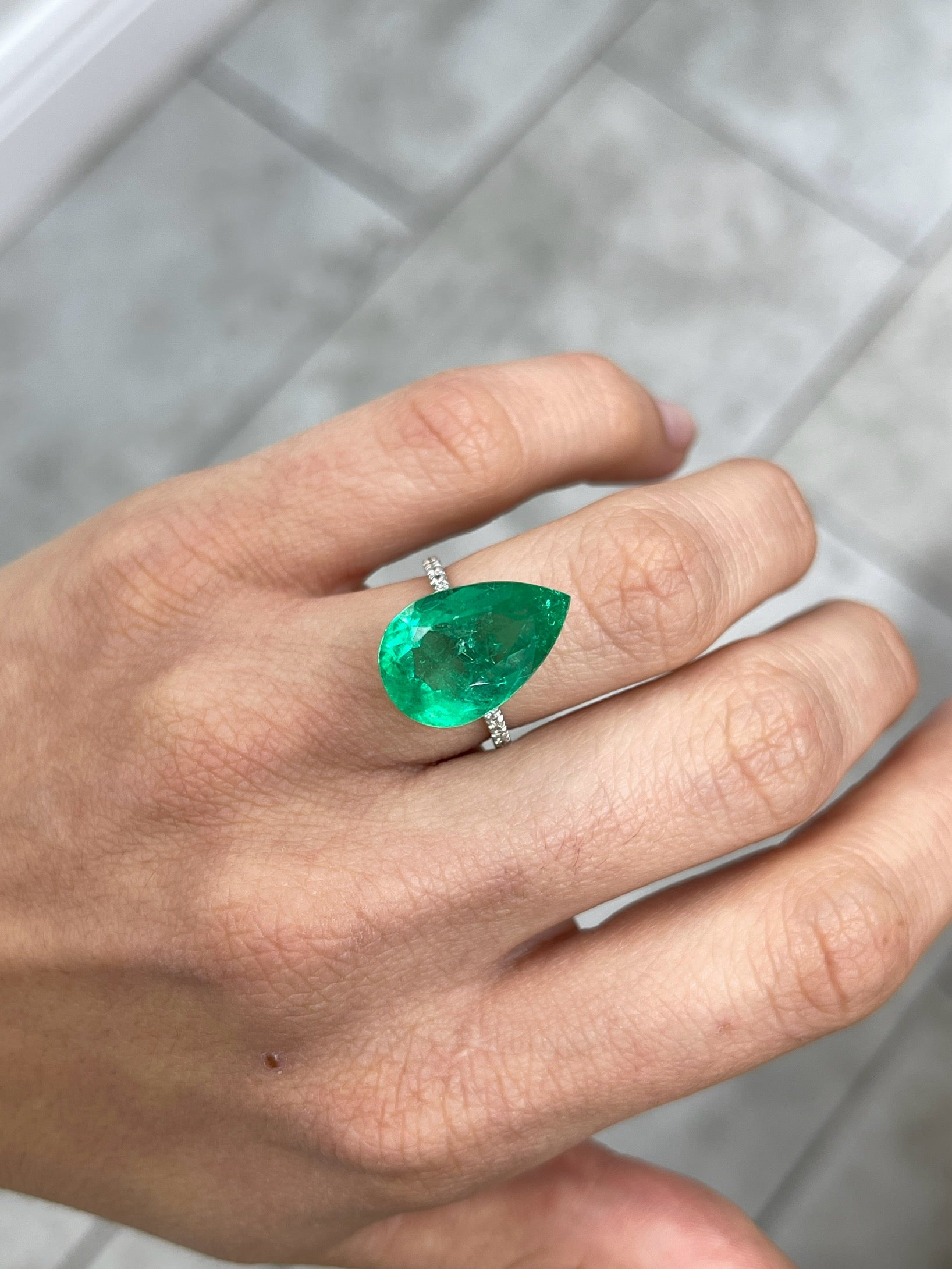 9.10 Carat 18x12 Yellowish Green Loose Teardrop Natural Colombian Emerald - JR Colombian Emeralds