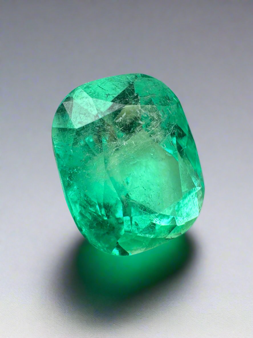 9.23 carat Muzo yellowish green Colombian emerald loose cushion cut gemstone, natural with vibrant color and clarity.