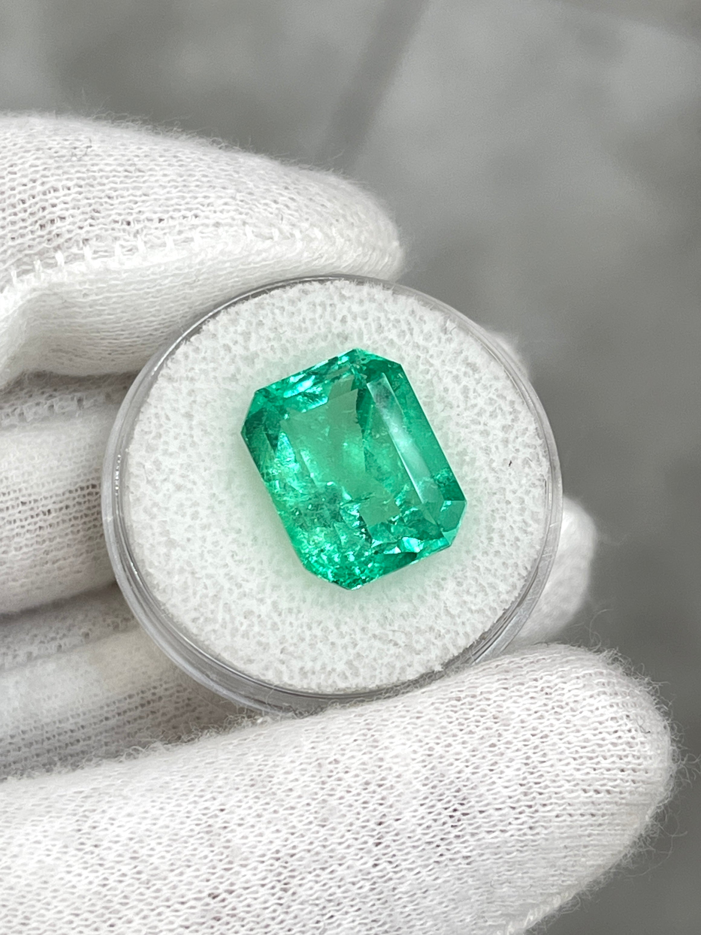 9.51 carat vivacious green Colombian emerald cut loose gemstone showcasing vibrant color and clarity from JR Colombian Emeralds