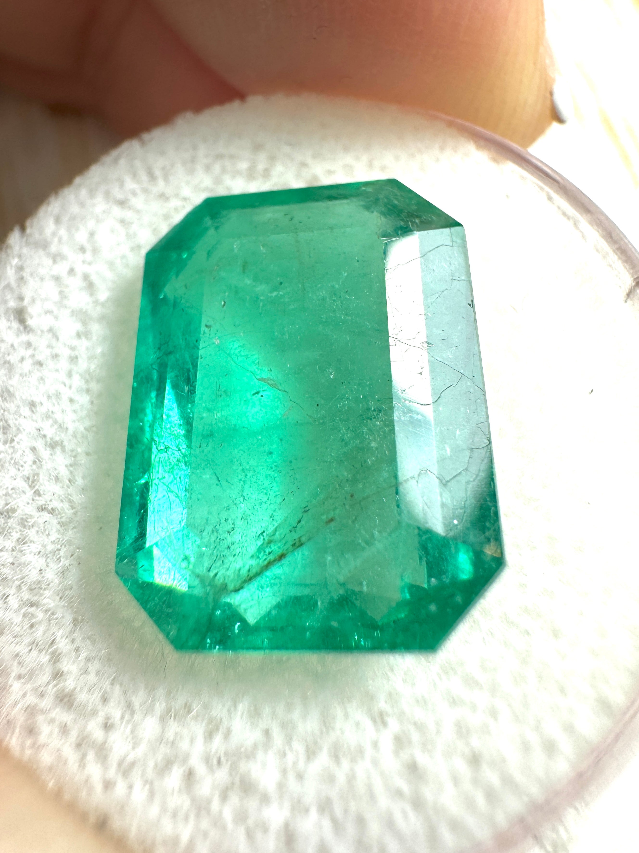 Large 9.52 carat natural Colombian emerald loose gemstone in emerald cut, vibrant green color, from JR Colombian Emeralds.