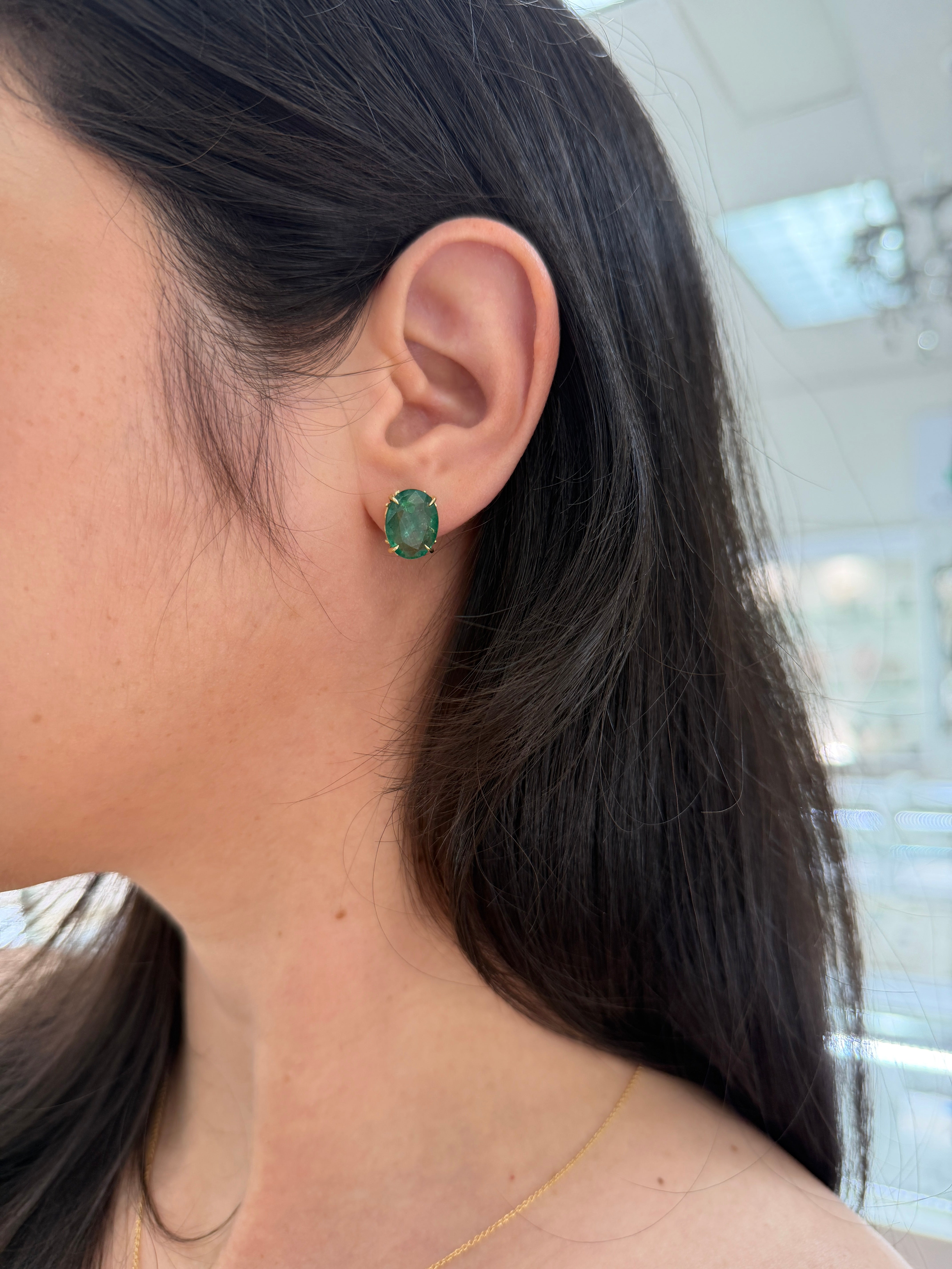 9.56tcw Natural Emerald Oval 4-Prong Fleur-de-lis Earring - JR Colombian Emeralds