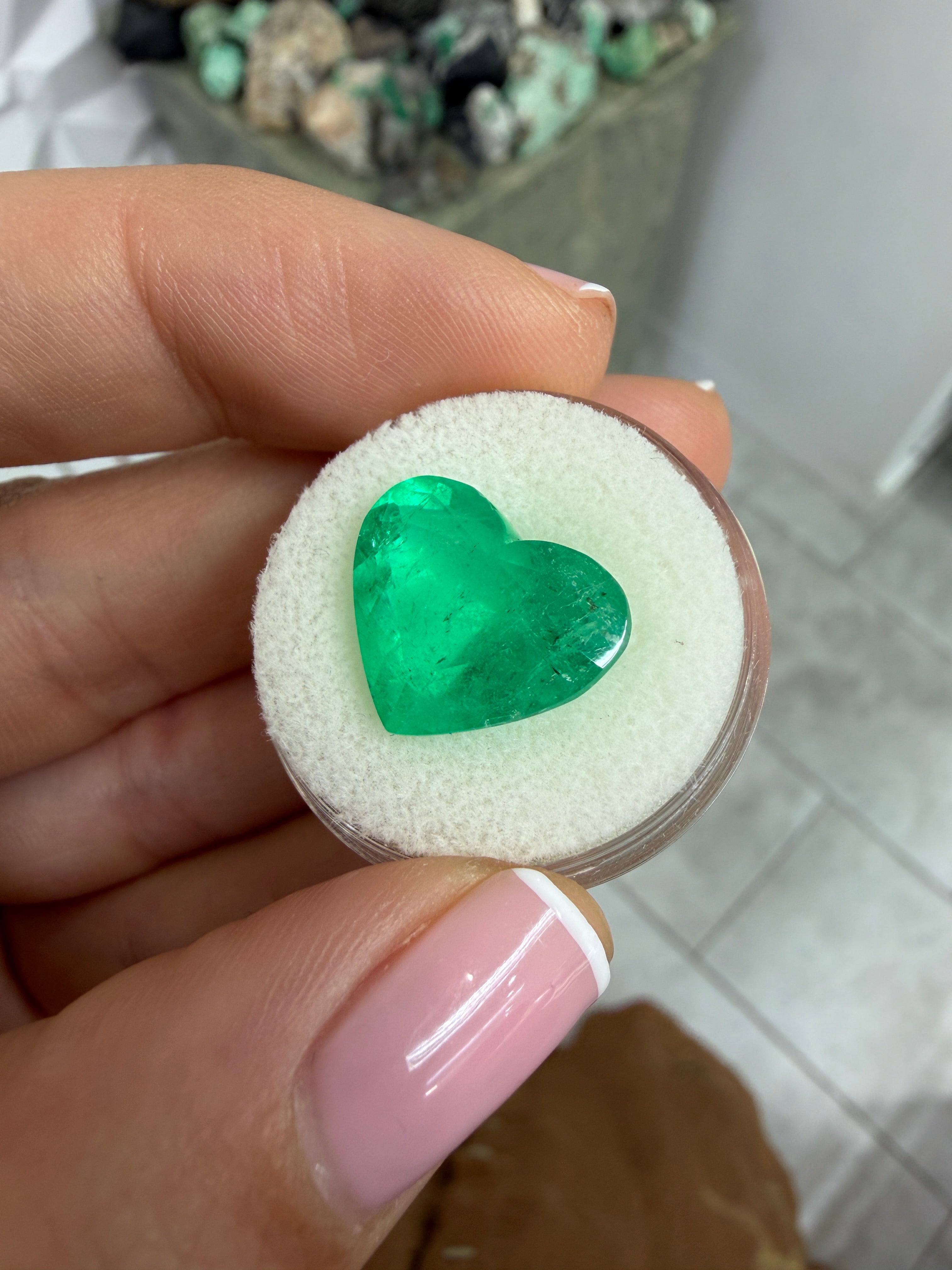 Bright green 9.72 carat Colombian emerald loose gemstone, heart cut, natural, 13x16mm from JR Colombian Emeralds.