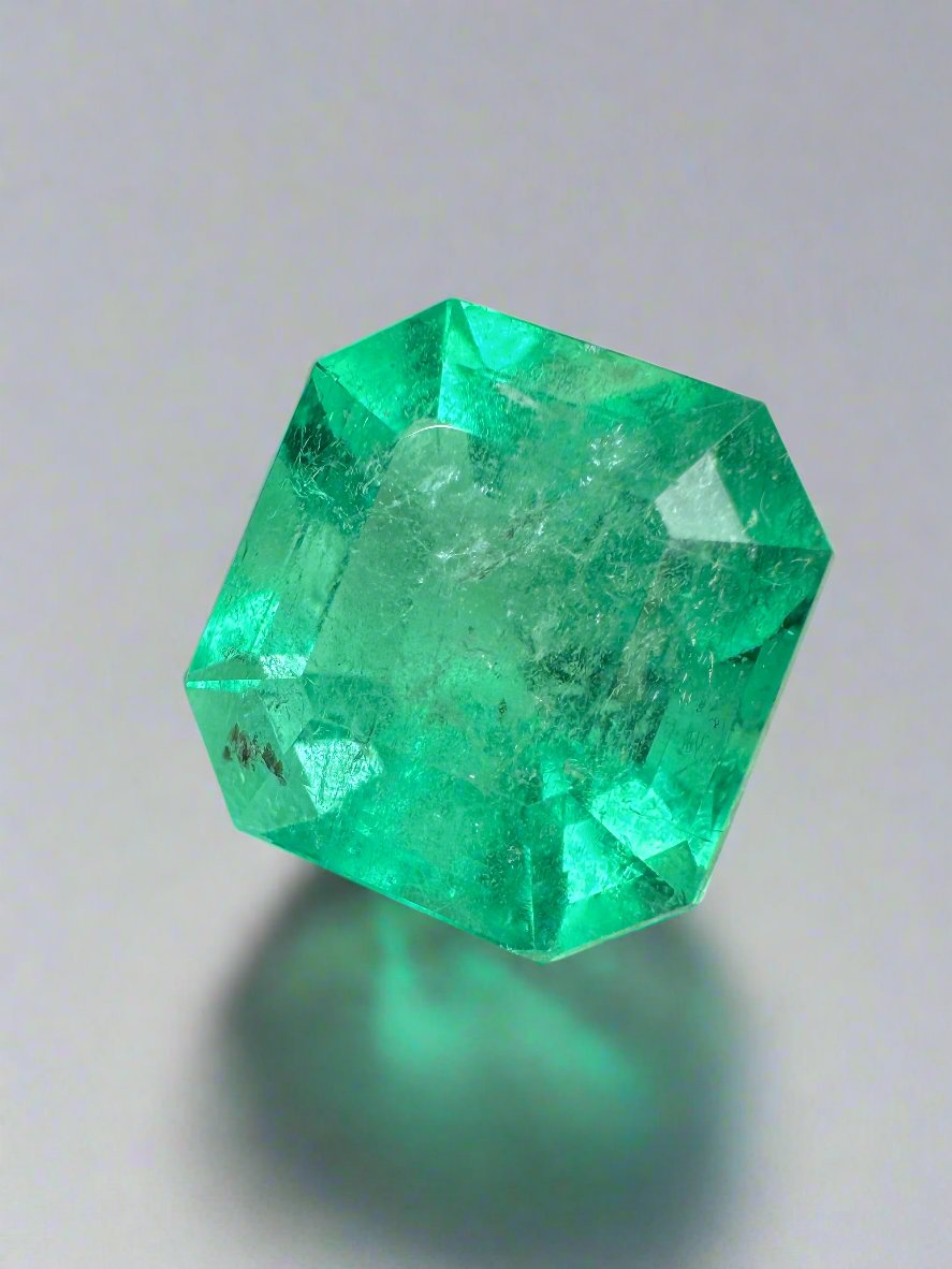 9.79 carat medium green natural Colombian emerald loose gemstone, Asscher cut, from JR Colombian Emeralds.