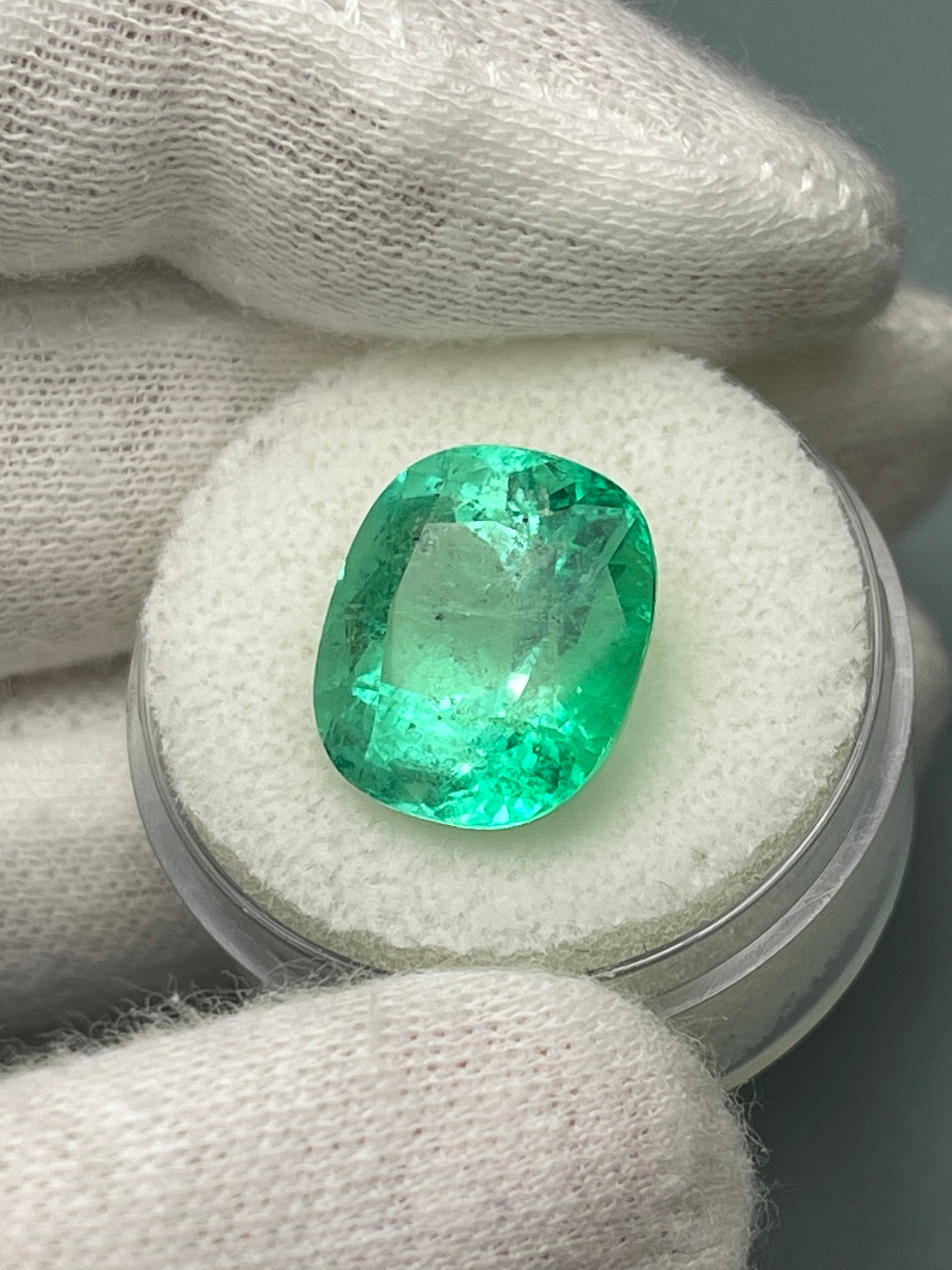 Natural 9.89 carat spring green Colombian emerald loose cushion cut gemstone from JR Colombian Emeralds
