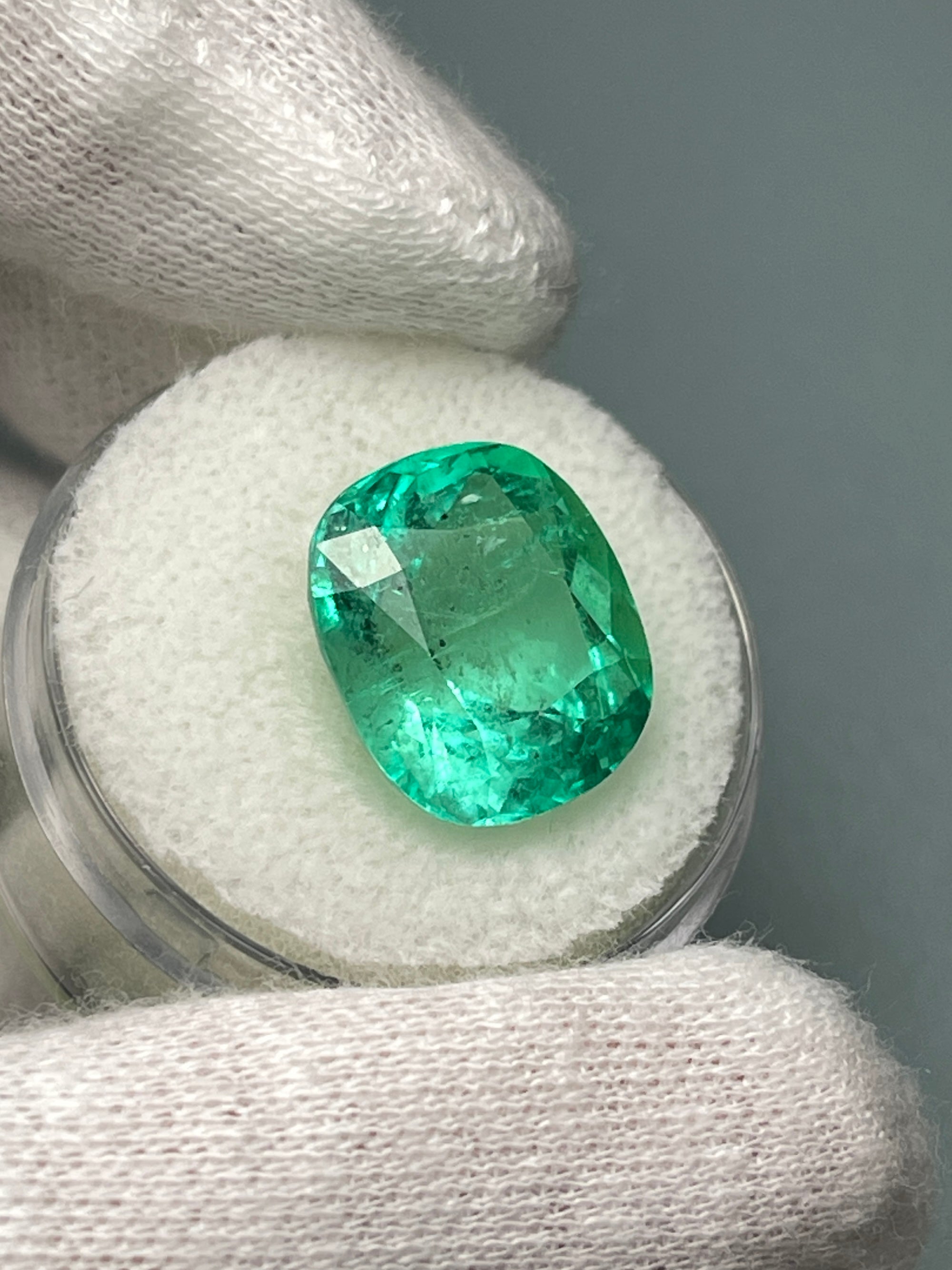 9.89 Carat 14x12 Spring Green Natural Loose Colombian Emerald-Cushion Cut - JR Colombian Emeralds