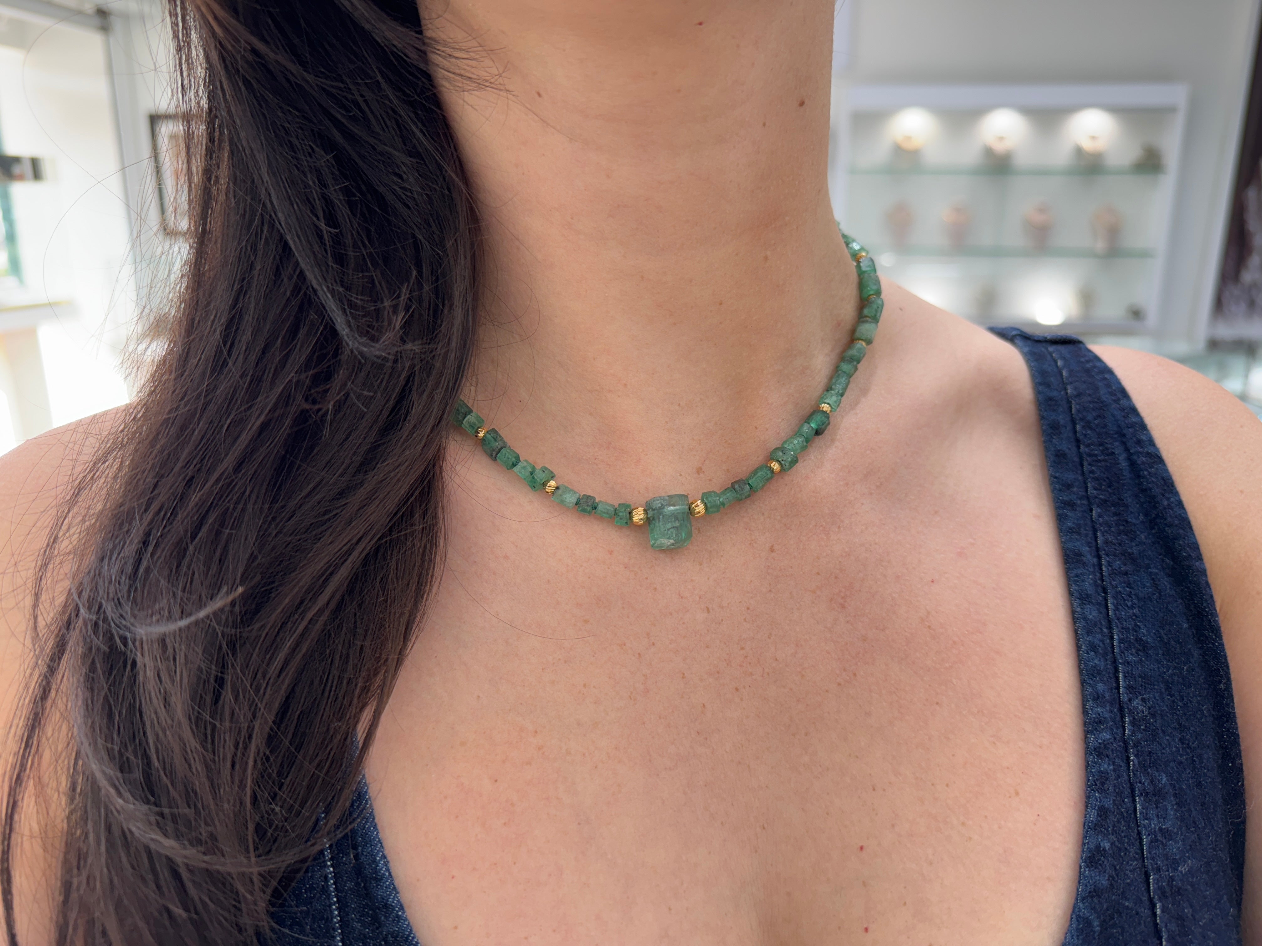 95.69tcw Natural Rough Colombian Emerald Earthy Tennis Necklace - 17 Inches 18K Gold