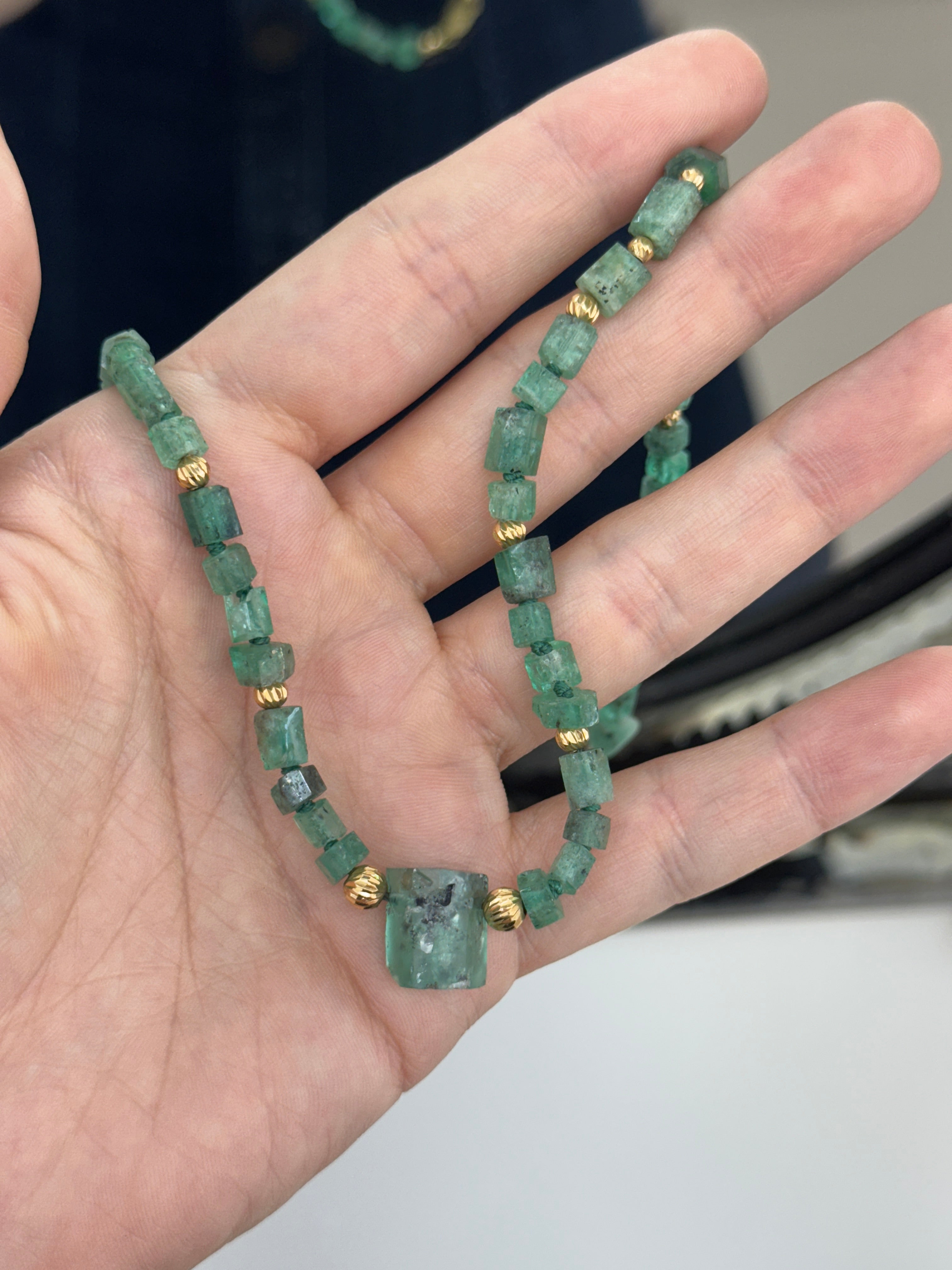 95.69tcw Natural Rough Colombian Emerald Earthy Tennis Necklace - 17 Inches 18K Gold