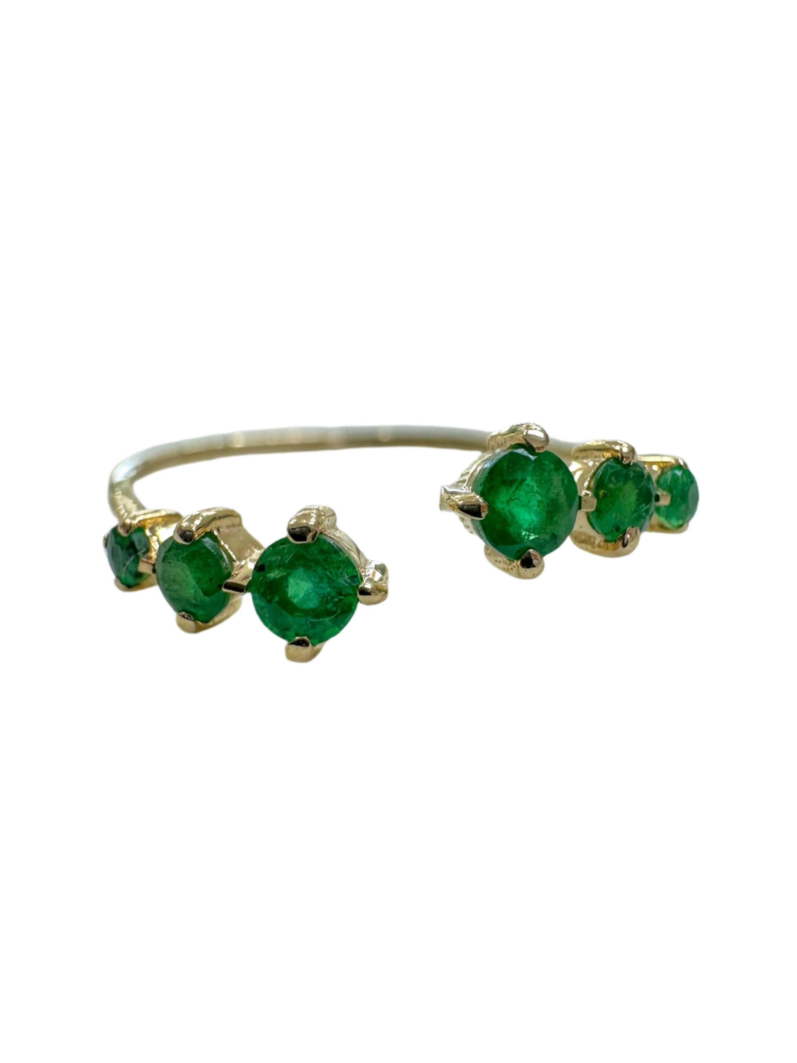 0.28tcw petite open concept emerald ring band in 14K yellow gold with six round emeralds in prong setting