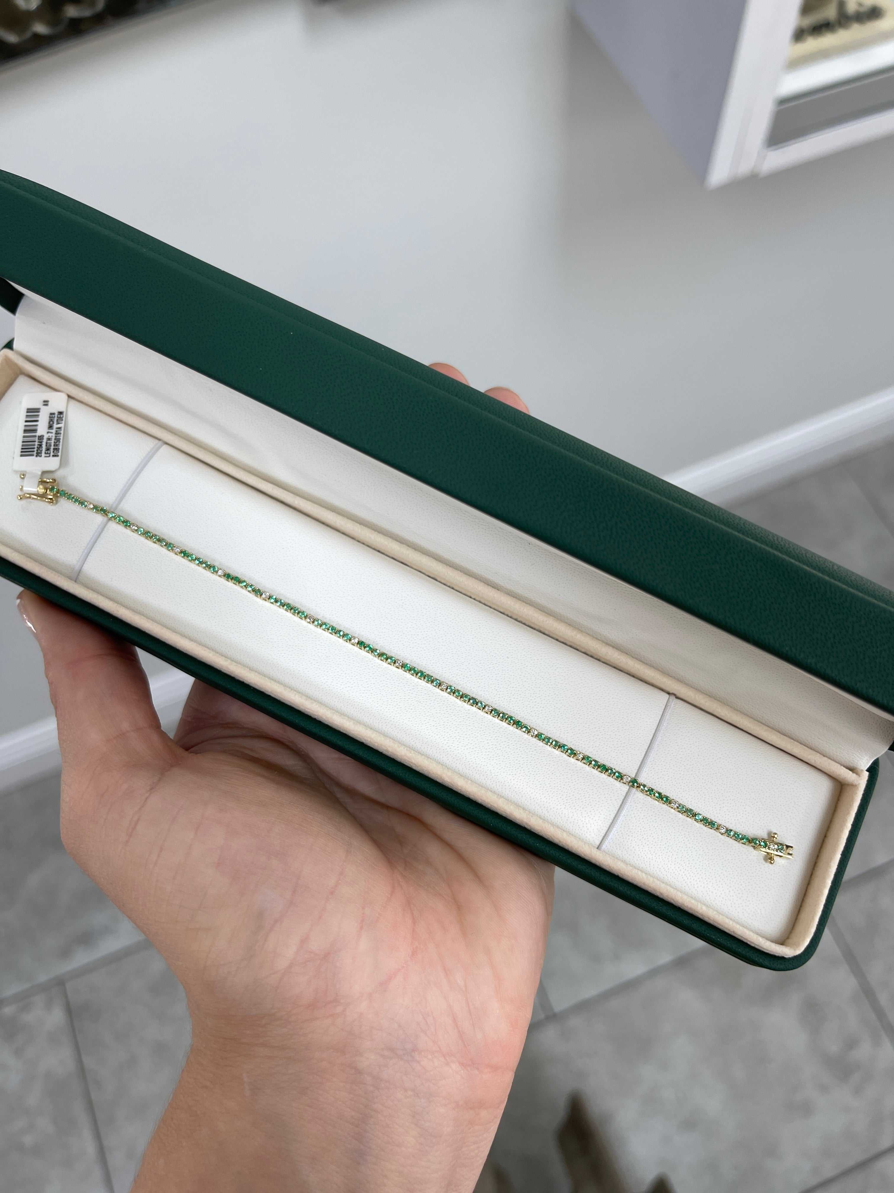 Petite 1.14tcw Emerald & Diamond Tennis Bracelet 14K Yellow Gold- 7 Inches - JR Colombian Emeralds