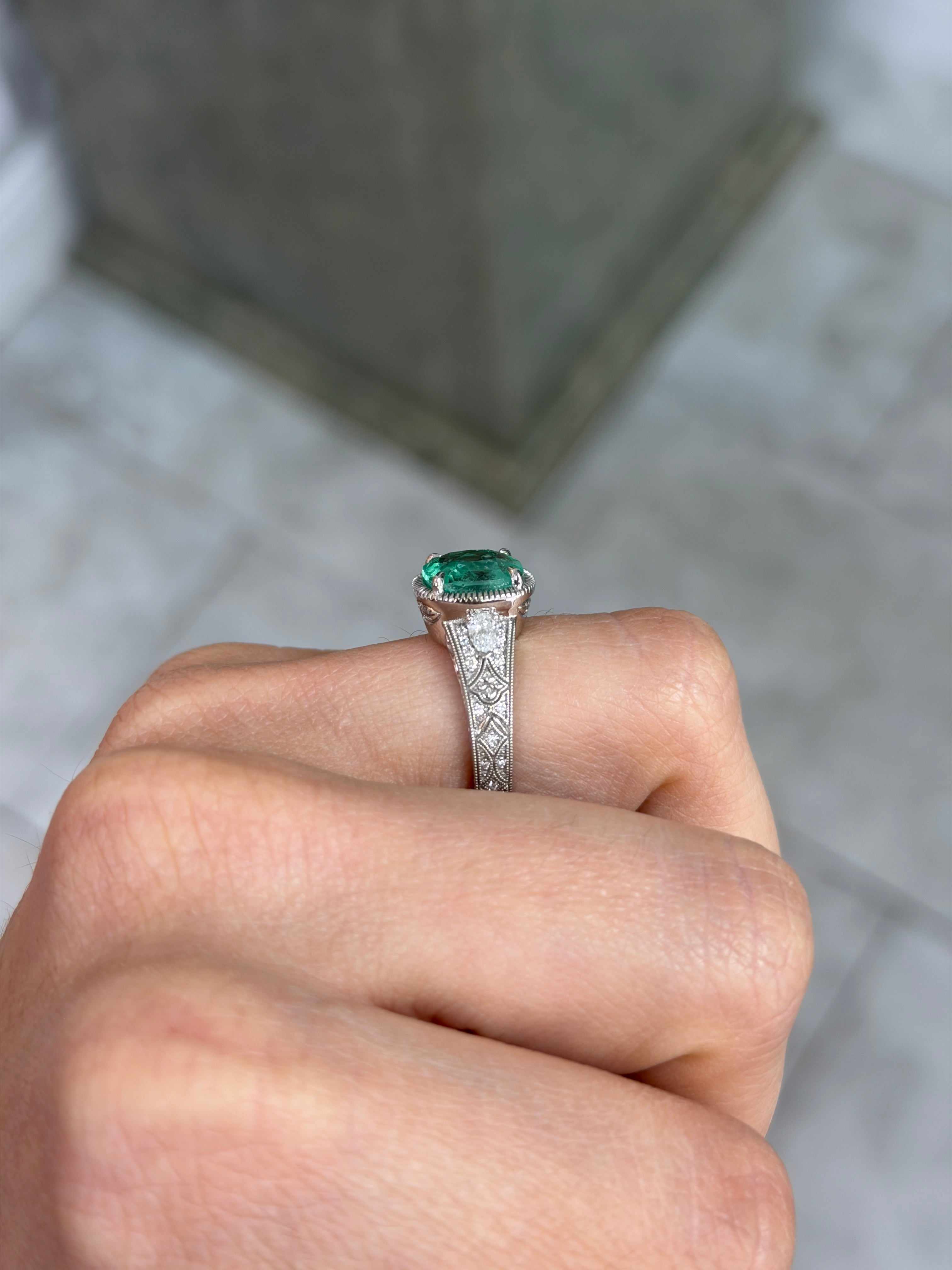 D.C Platinum 3.34 Carat 9.5x9 Cushion Emerald & Diamond Ring