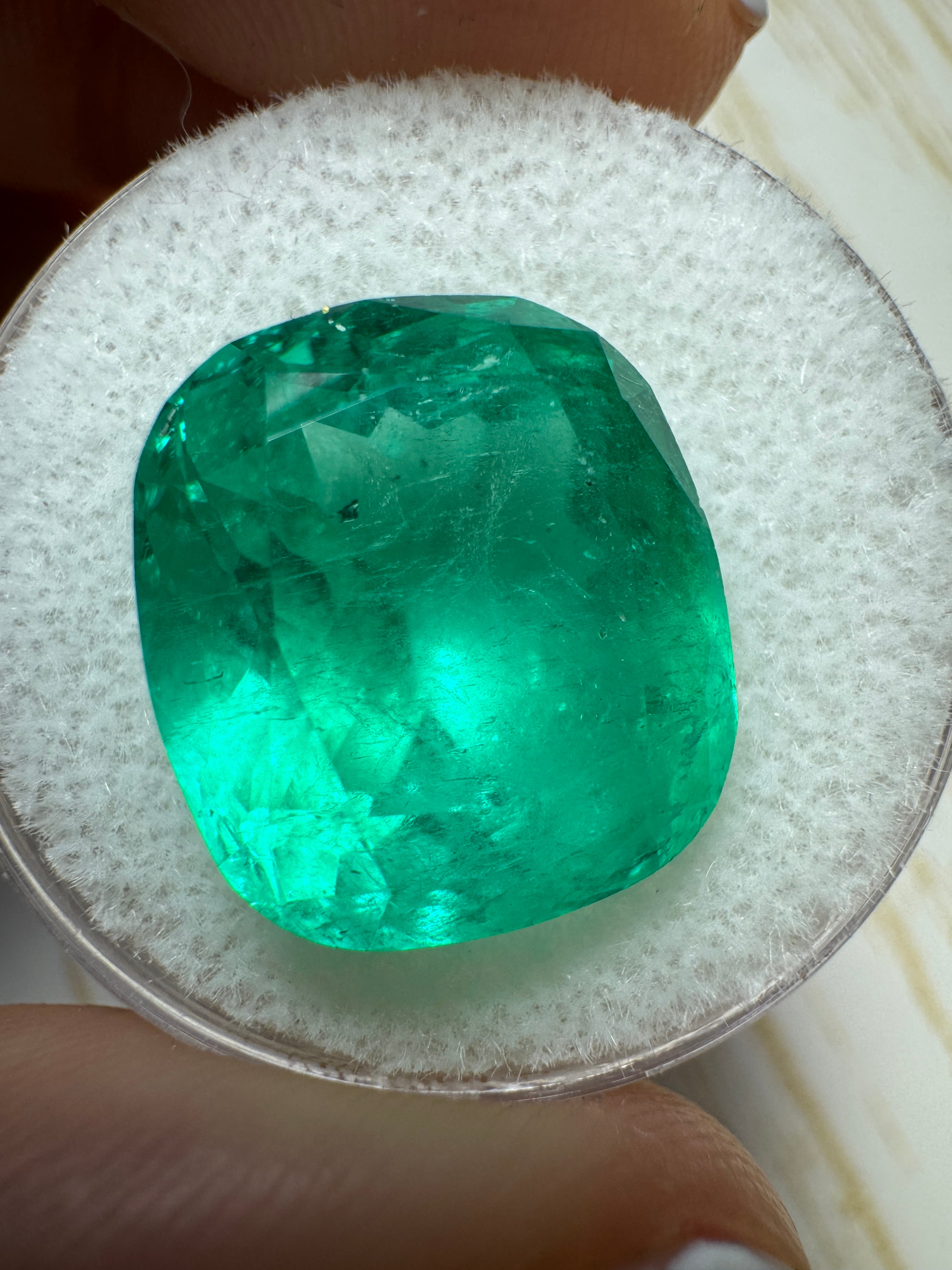 Large 12.50 carat green Colombian emerald loose gemstone, cushion cut, natural and stunning from JR Colombian Emeralds.