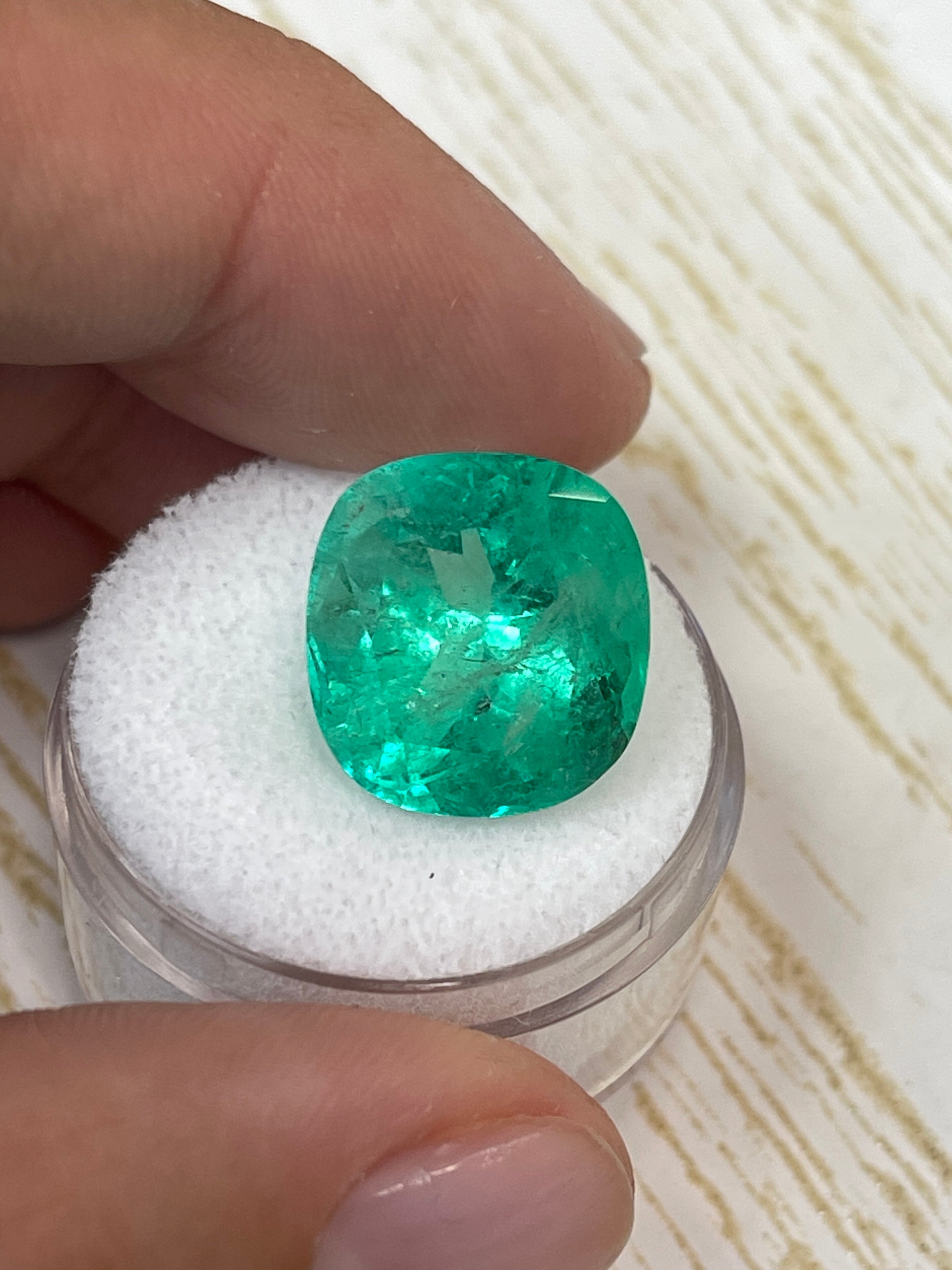 Large 13.63 carat medium green Colombian emerald in cushion cut, loose gemstone from JR Colombian Emeralds.