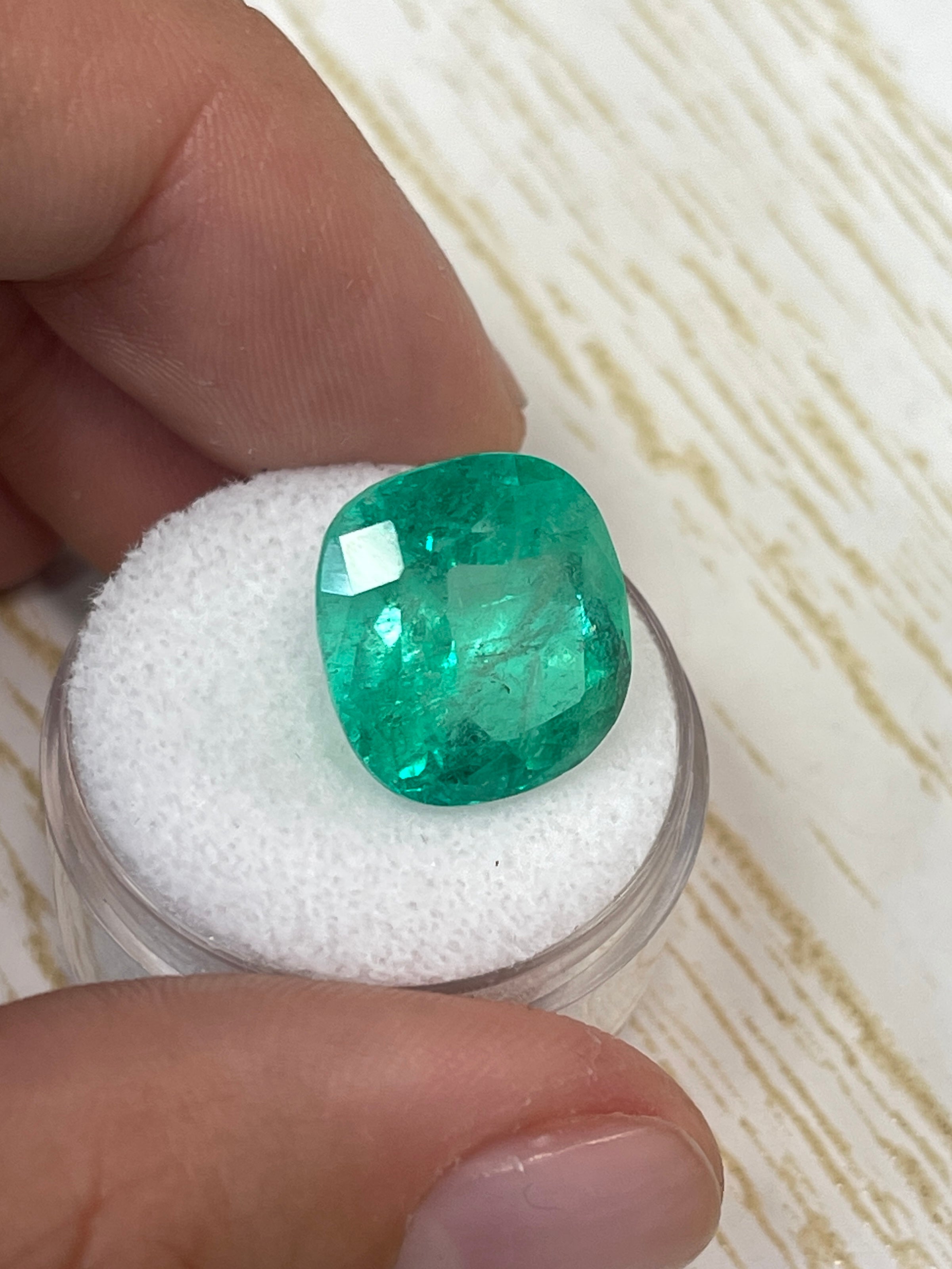 Large 13.63 carat medium green Colombian emerald loose cushion cut gemstone from JR Colombian Emeralds.