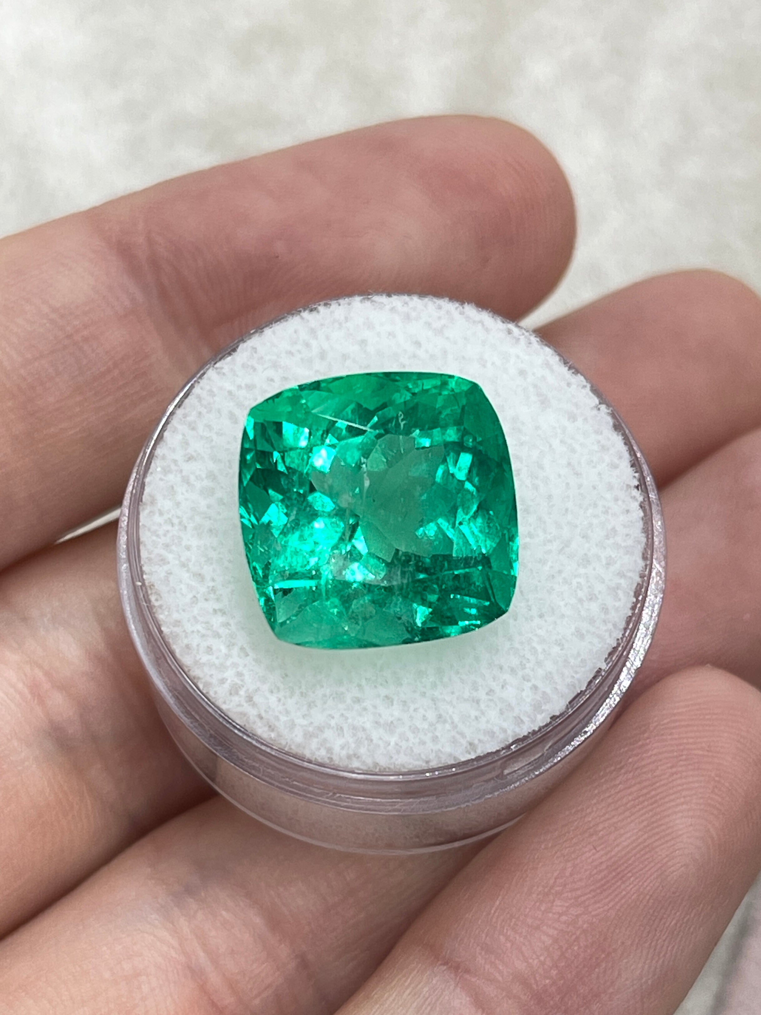 Large 13.88 Carat 14x14 Vivacious Bluish Green Cushion Cut Loose Colombian Emerald- Ethically Mined Emerald - JR Colombian Emeralds