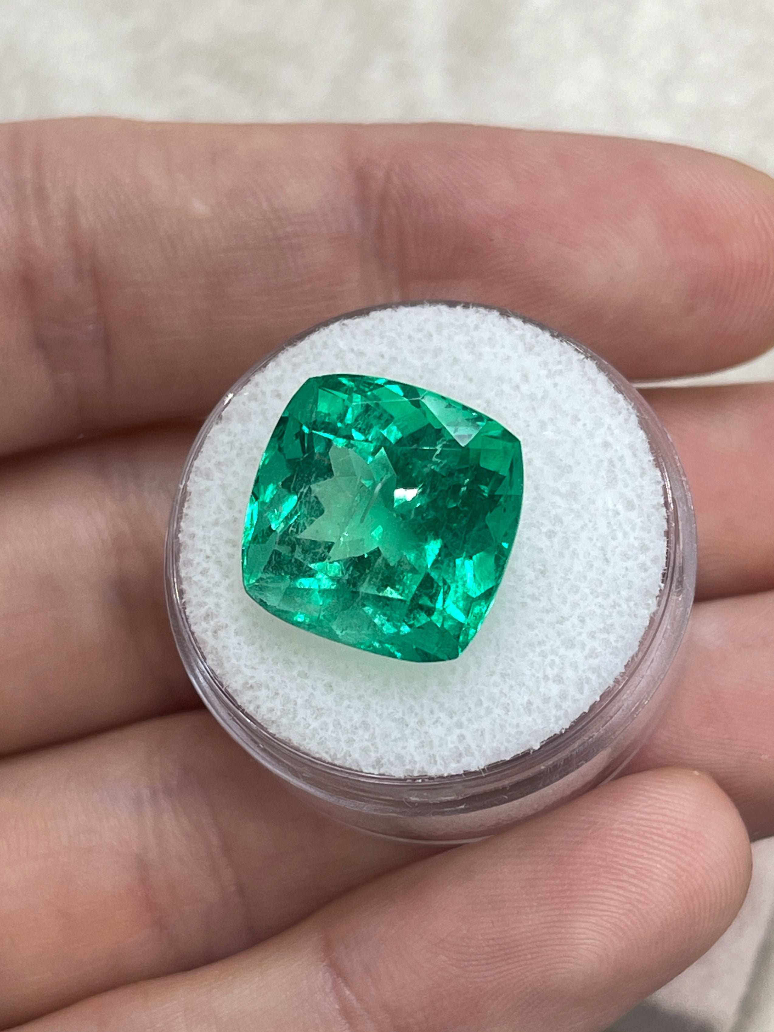 Large 13.88 Carat 14x14 Vivacious Bluish Green Cushion Cut Loose Colombian Emerald- Ethically Mined Emerald - JR Colombian Emeralds