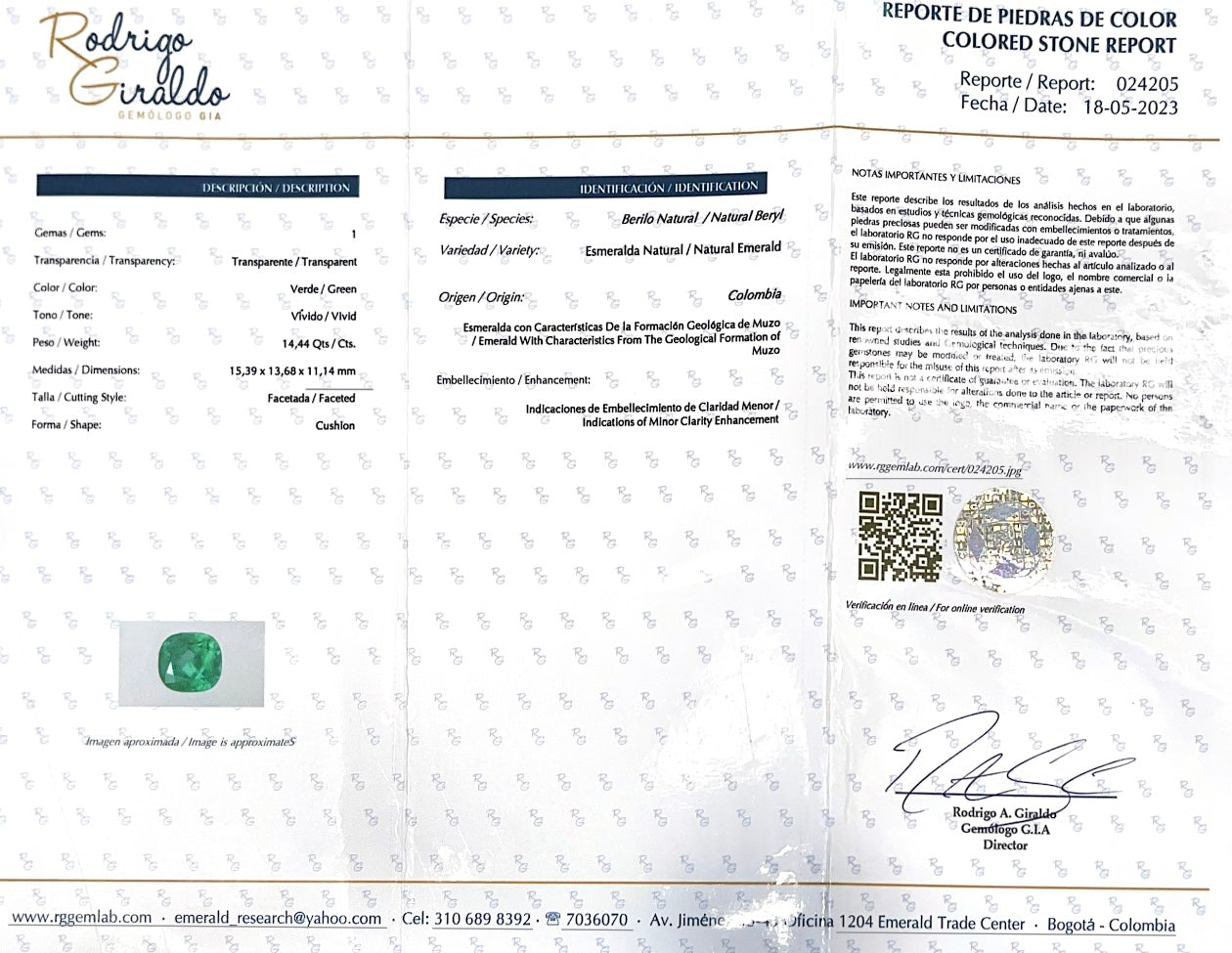 Large 14.44 carat bluish green Colombian emerald loose cushion cut gemstone from JR Colombian Emeralds.