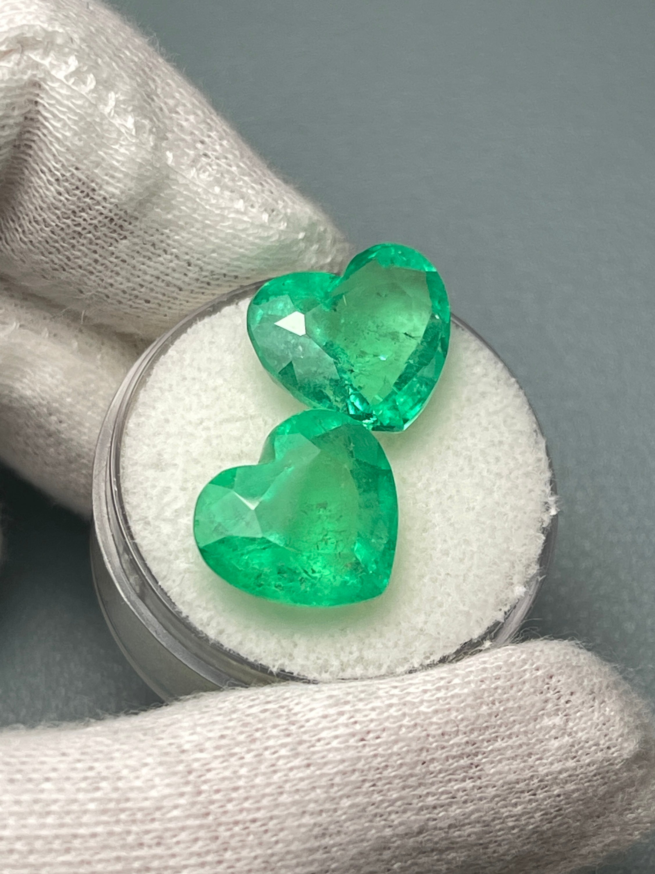 Large 14.61tcw 12x13.5 Matching Emerald Hearts Yellowish Green Natural Colombian Emeralds - JR Colombian Emeralds