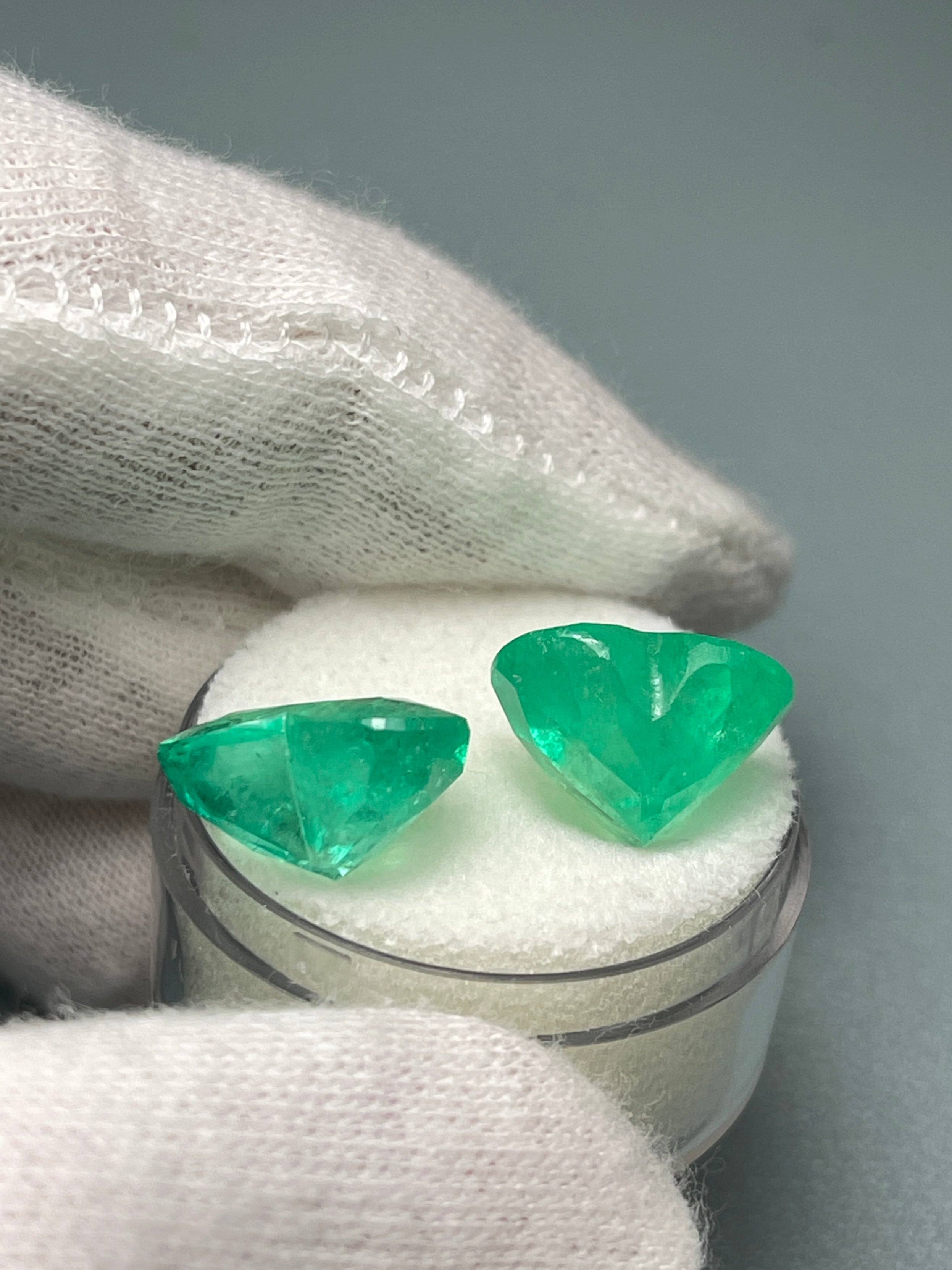 Large 14.61tcw 12x13.5 Matching Emerald Hearts Yellowish Green Natural Colombian Emeralds - JR Colombian Emeralds