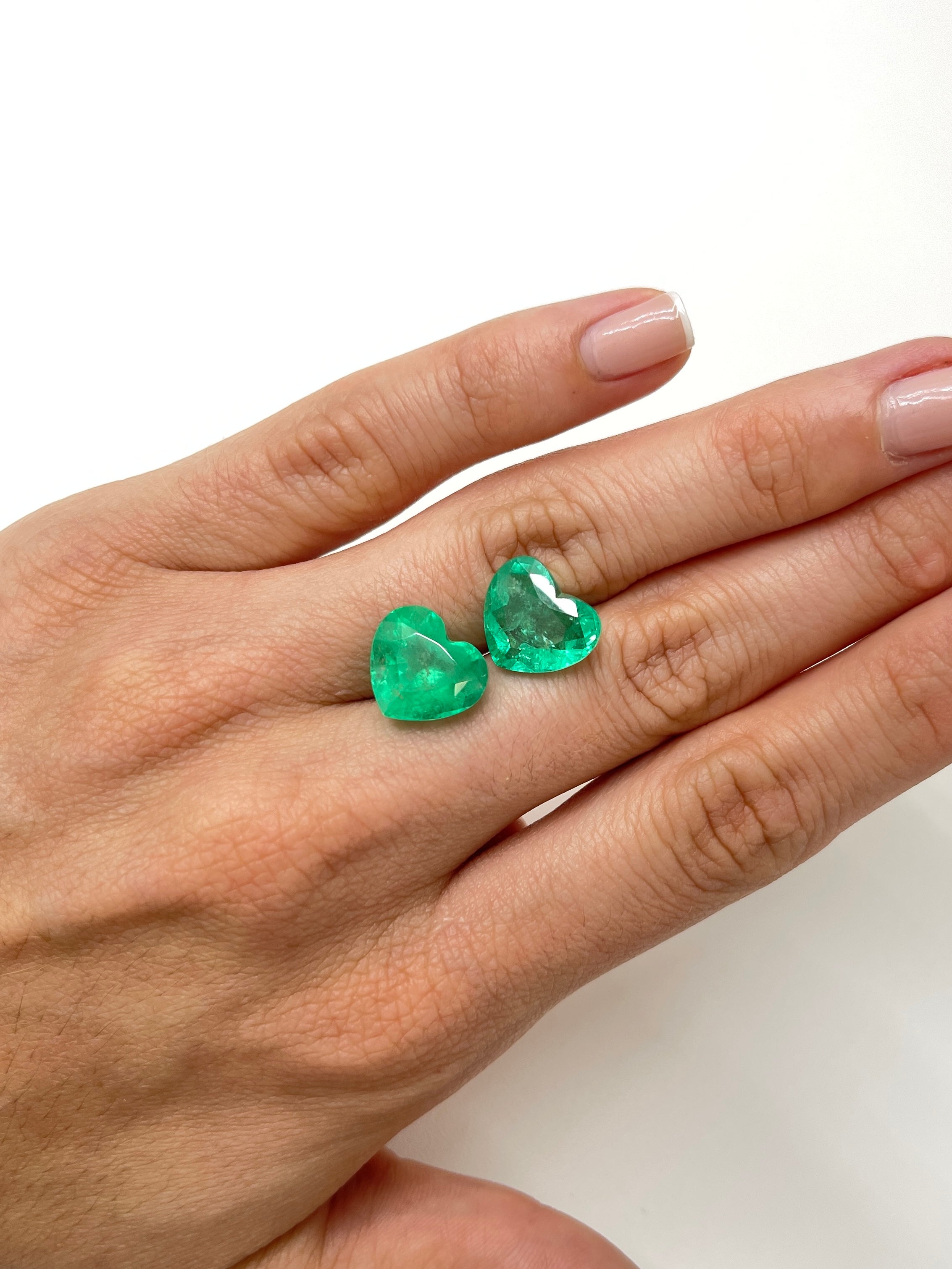 Large 14.61tcw 12x13.5 Matching Emerald Hearts Yellowish Green Natural Colombian Emeralds - JR Colombian Emeralds