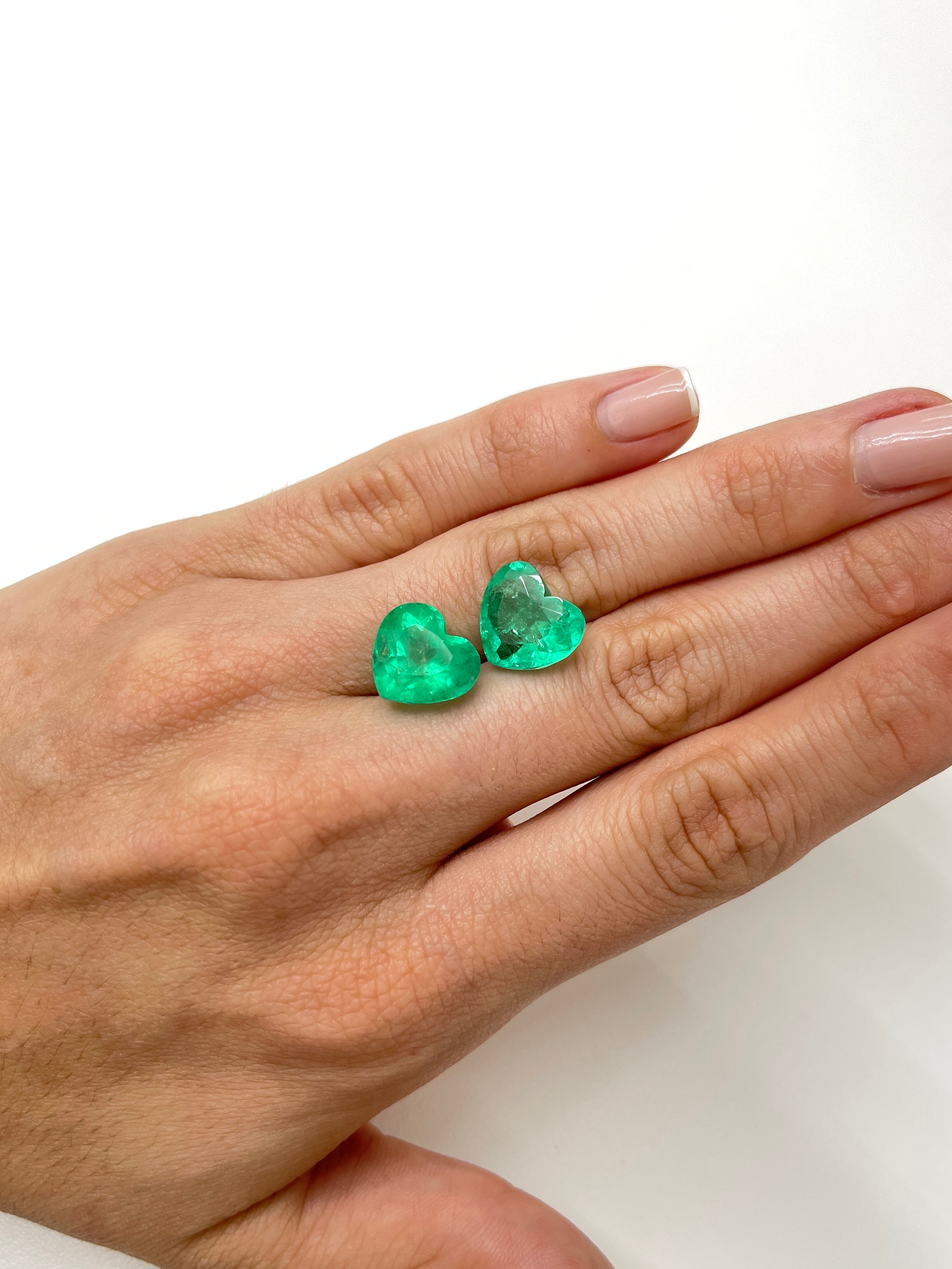 Large 14.61tcw 12x13.5 Matching Emerald Hearts Yellowish Green Natural Colombian Emeralds - JR Colombian Emeralds