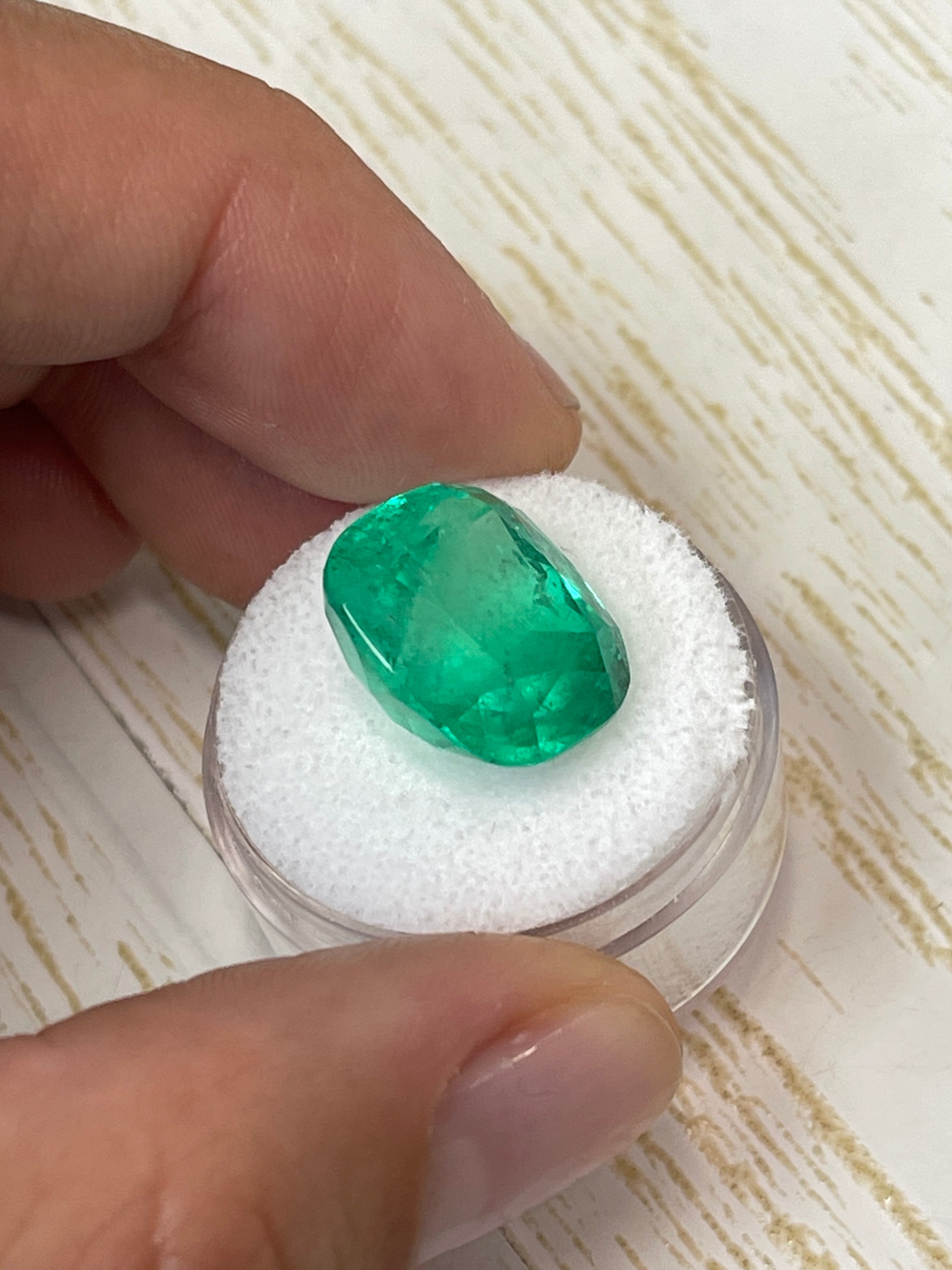 Large 14.88 ct natural Colombian emerald cushion cut gemstone from JR Colombian Emeralds, 16x13 mm, vivid green color.