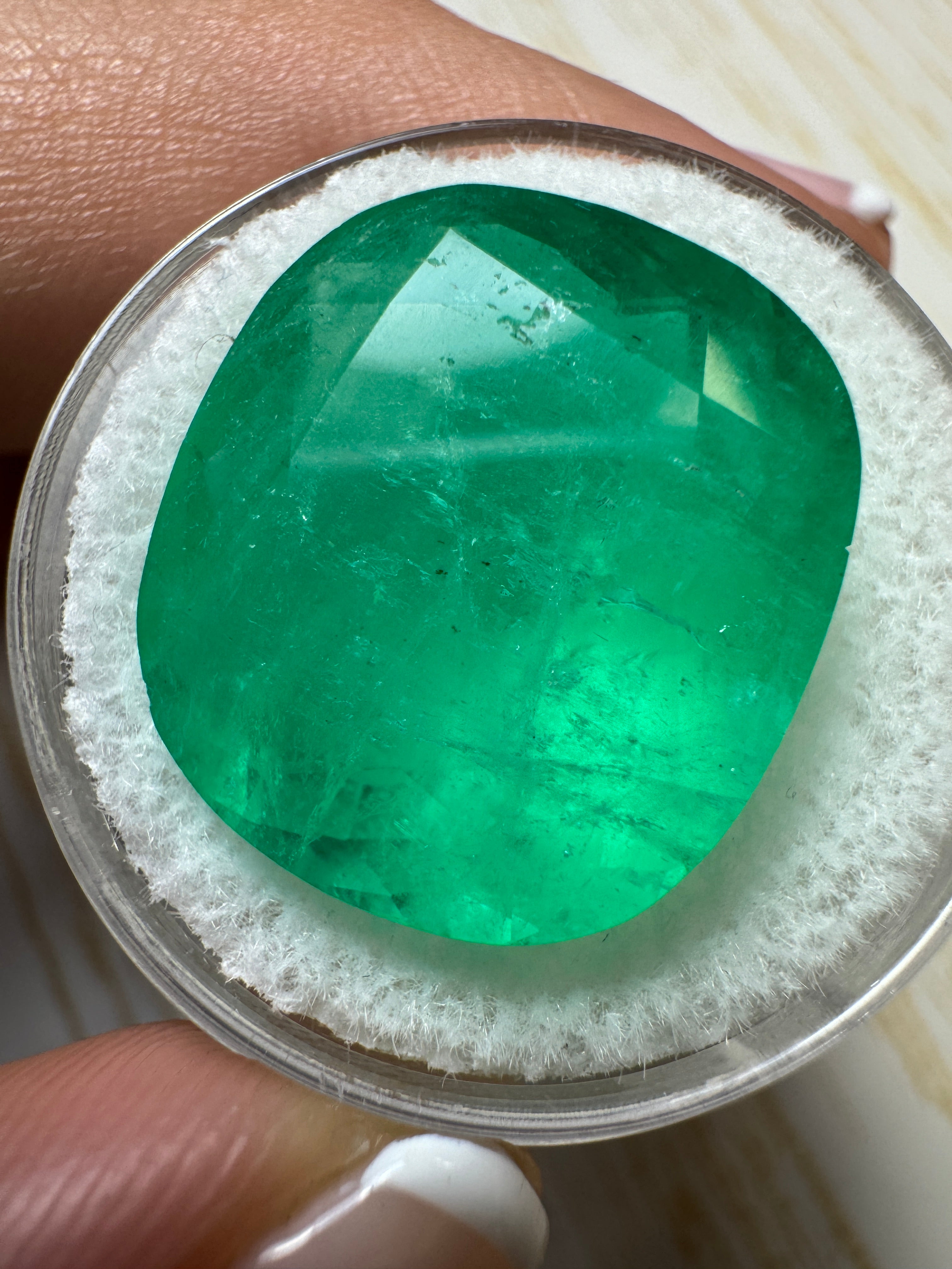 Large 19.63 carat natural Colombian emerald, cushion cut, chunky green loose gemstone from JR Colombian Emeralds.