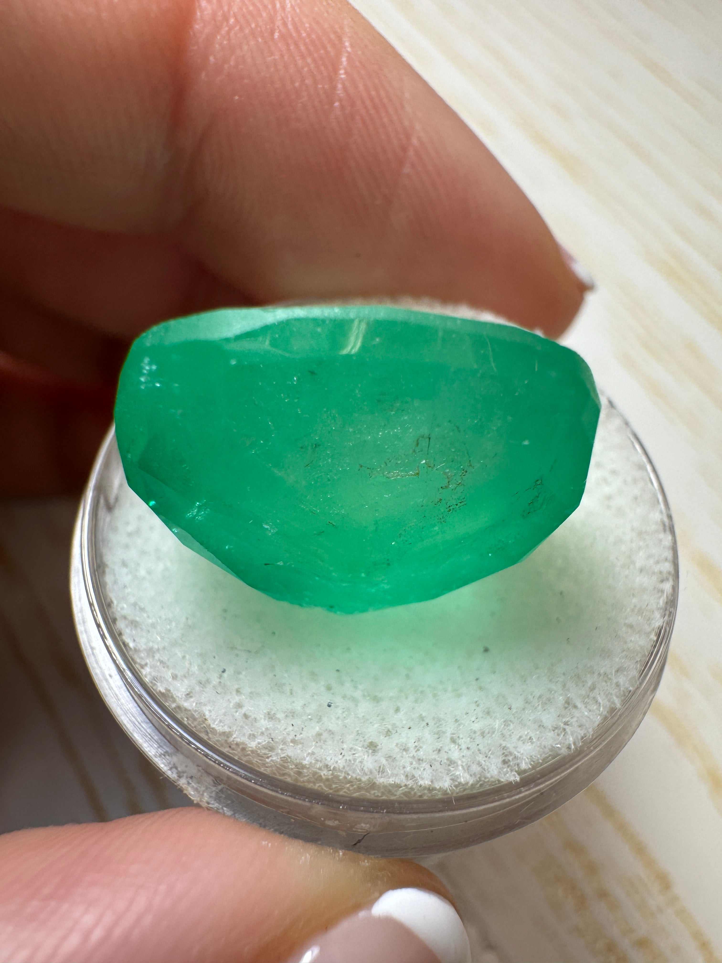 Large 21.62 ct natural Colombian emerald, 19x17mm cushion cut, earthy green, loose gemstone from JR Colombian Emeralds.